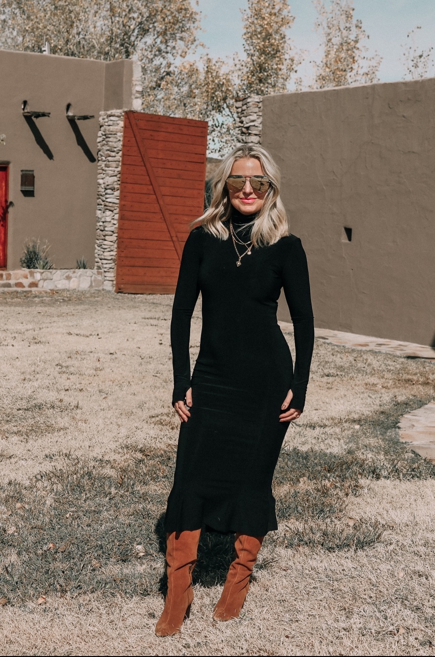 Sweater Dress, Fashion blogger Erin Busbee of BusbeeStyle.com wearing a black sweater dress by Norma Kamali with brown suede knee high boots by Vince Camuto in West Texas, black midi dress casual