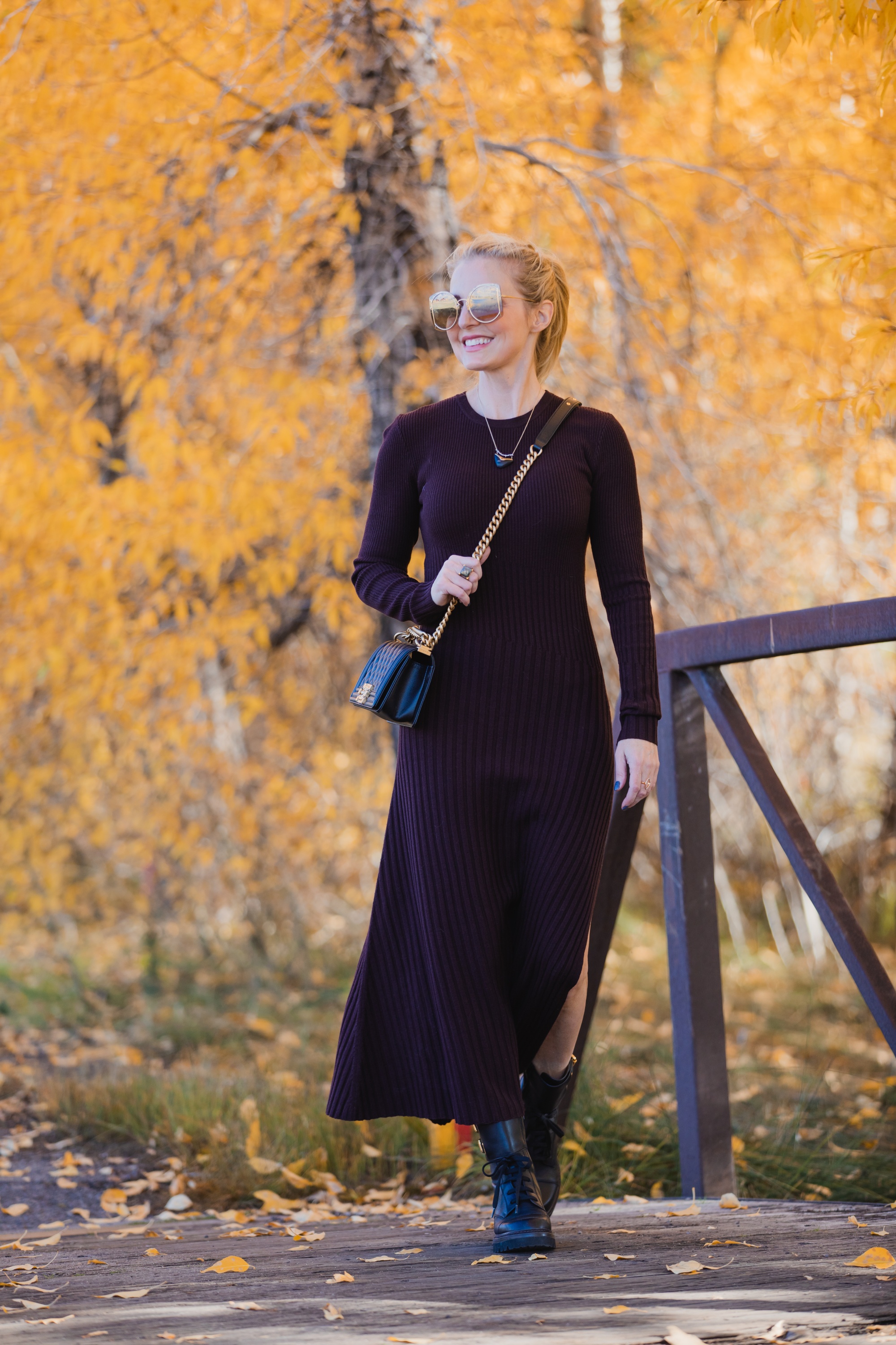 Borwn Sweater Dress, Erin Busbee of Busbee Style wearing an A.L.C. brown sweater dress with black combat boots by See by Chloe, black Chanel boy bag, Salvatore Ferragamo sunglasses, and Alexis Bittar necklace in Telluride, Colorado
