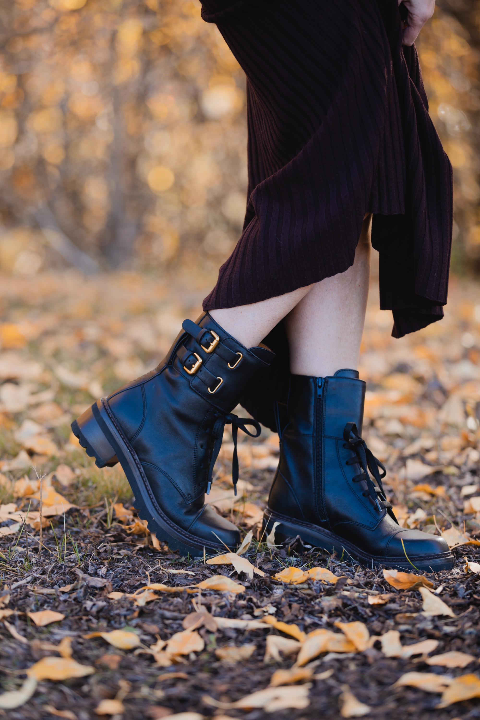 Borwn Sweater Dress, Erin Busbee of Busbee Style wearing black see by chloe combat boots with an A.L.C. brown sweater dress in Telluride, Colorado, ankle boots, knee high boot, boots with dress, boots outfit, ankle booties, chelsea boots, combat boots, ankle boots with jeans, black boots, brown boots, heeled ankle boots, wearing ankle boots, knee high boots, best boots over 40, best black boots,  best brown boots, best booties, designer booties, erin busbee, busbee style, fashion over 40