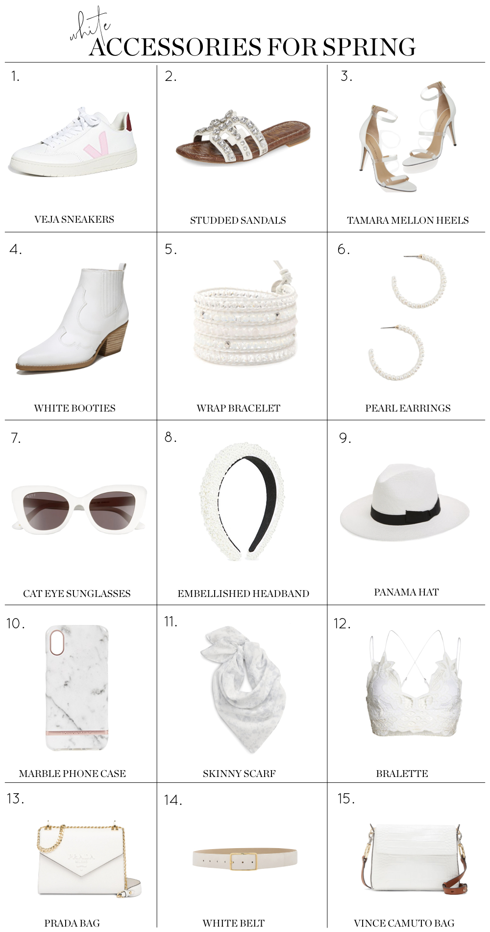 White Accessories shoes jewelry headbands purses hats for spring summer outfits