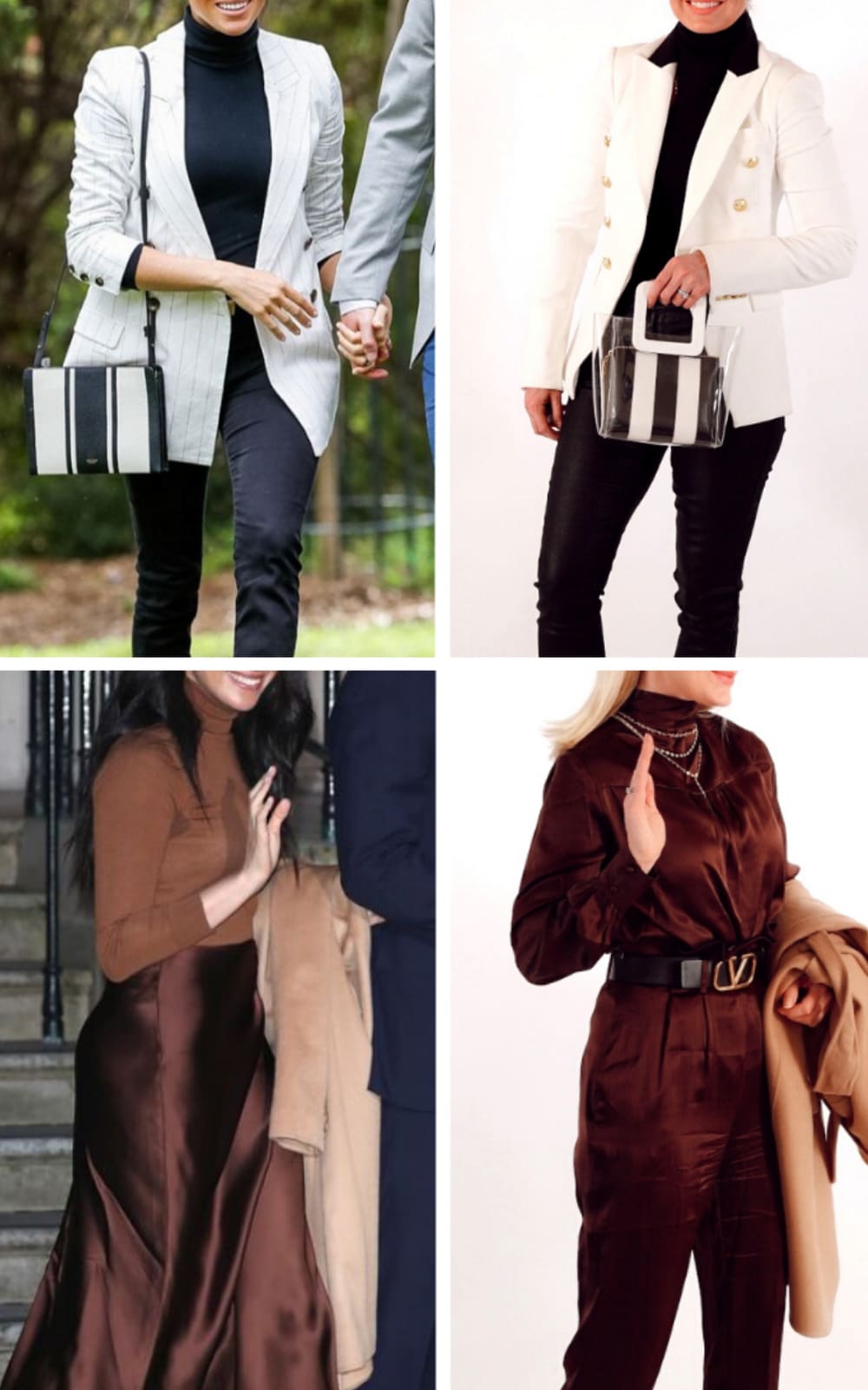 Meghan Markle Style, Fashion blogger Erin Busbee of BusbeeStyle.com sharing how to recreate outfits Meghan Markle has worn including an all brown look with silky brown pants and top by Amanda Uprichard, reversible Valentino belt, and black Sam Edelman pumps