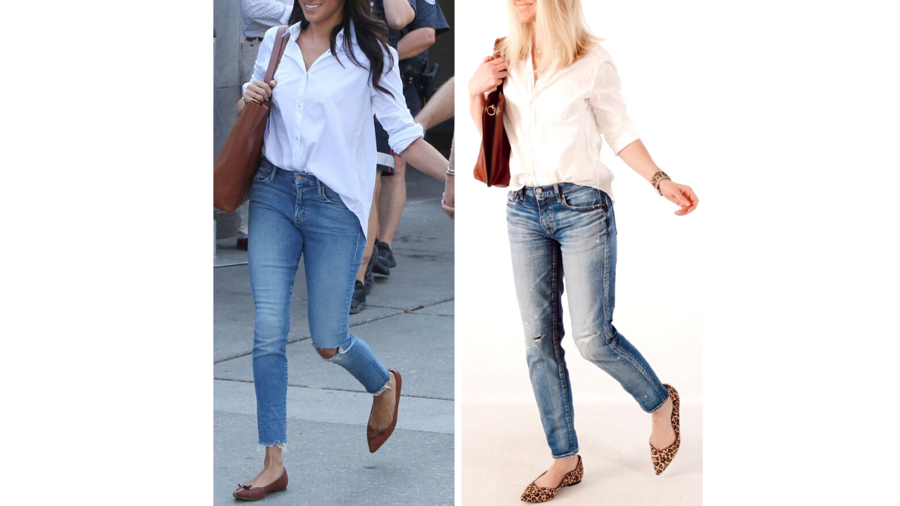 simple everyday meghan markle look for less featuring white button up collared shirt with faded blu jeans cheetah flats