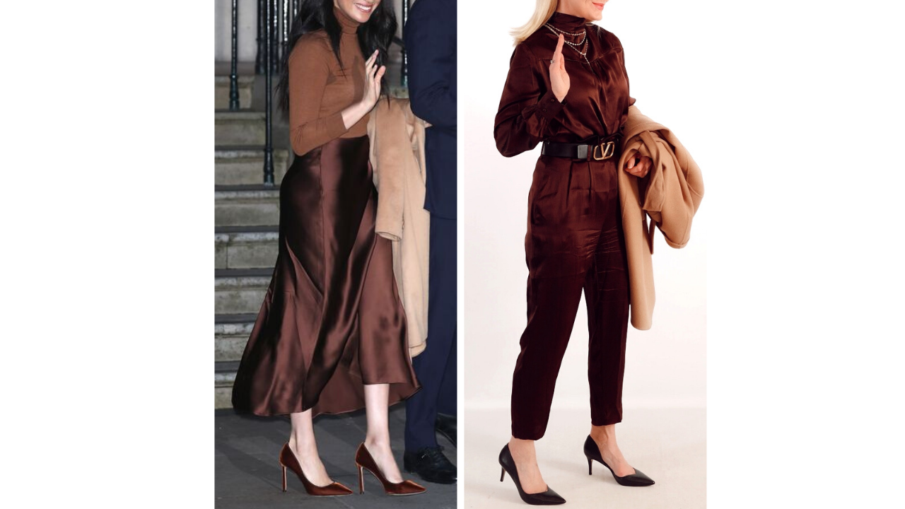 fashion blogger erin busbee recreating a meghan markle look featuring brown monochrome outfit