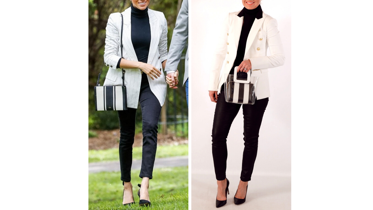 meghan markle outfit recreated featuring white blazer over black turtleneck shirt black coated pants paired with jimmy choo pumps and black and white stripped bag 