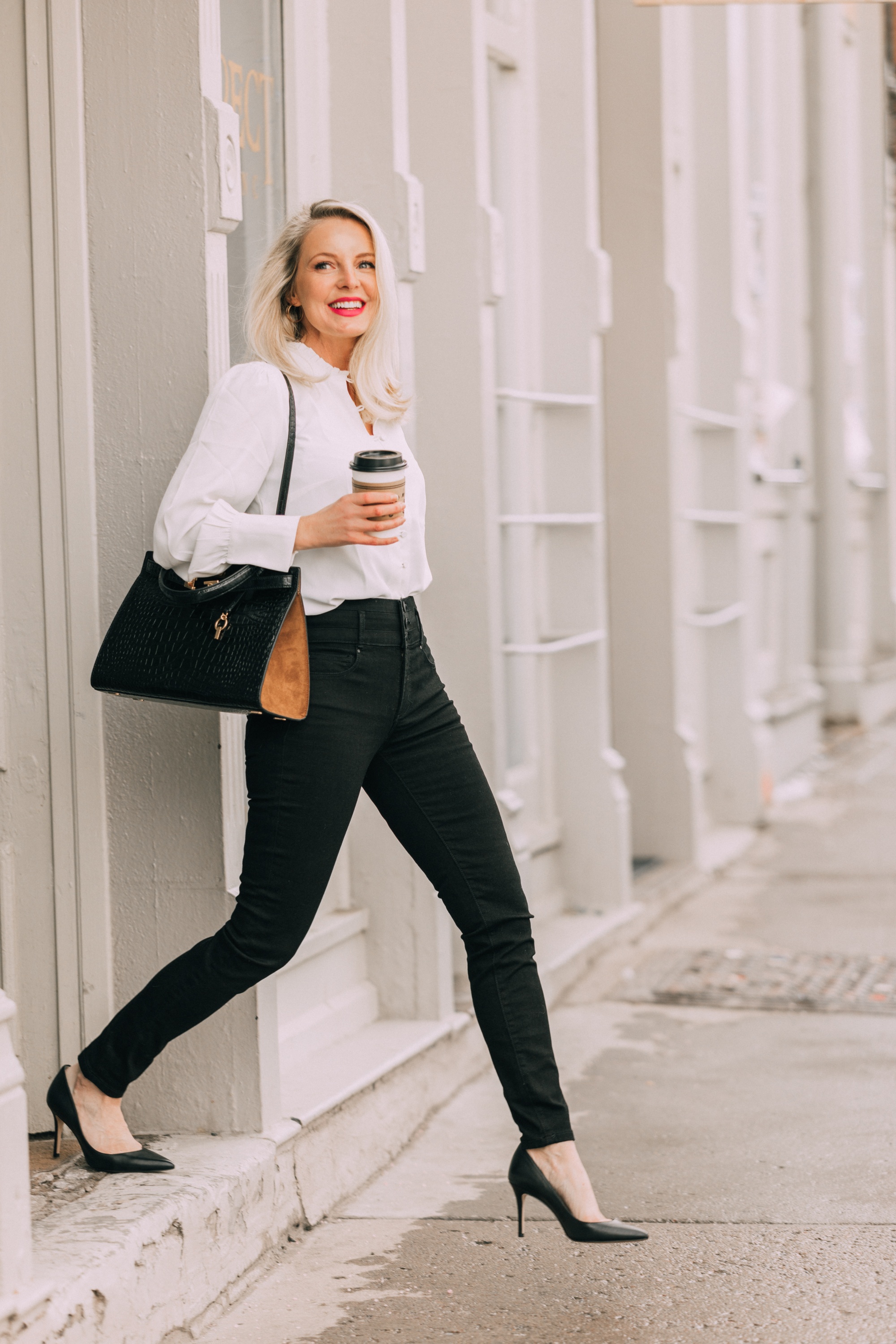 Tory Burch Lee Radziwell Bag in black croc embossed leather with brown on fashion blogger over 40 Erin Busbee of busbee Style, bags you should own