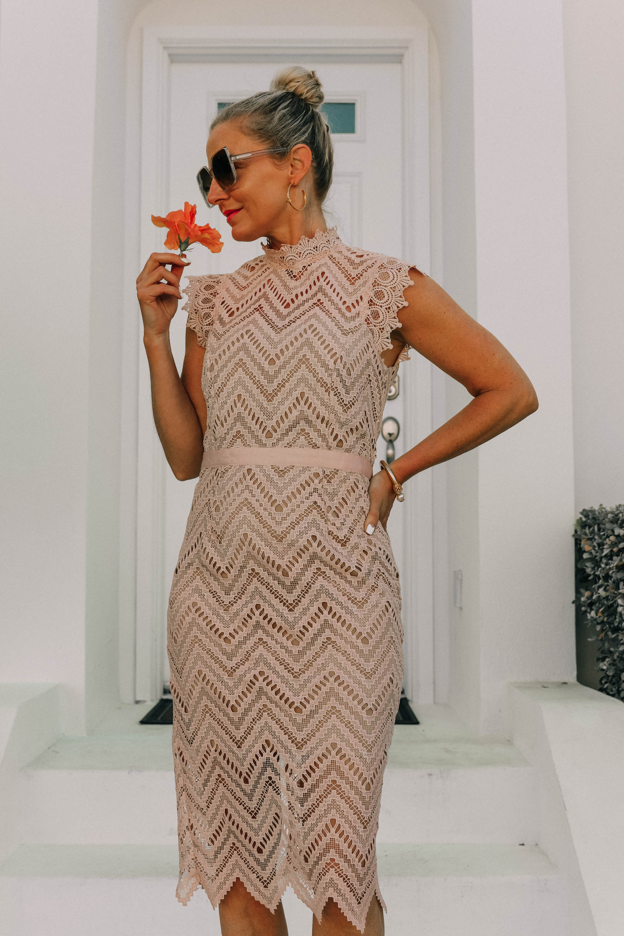 Mother's Day Dresses, Fashion blogger Erin Busbee of BusbeeStyle.com wearing a pink blush lace Bardot dress in the Bahamas styled with nude Valentino rockstud sandals and gold jewelry from Nordstrom