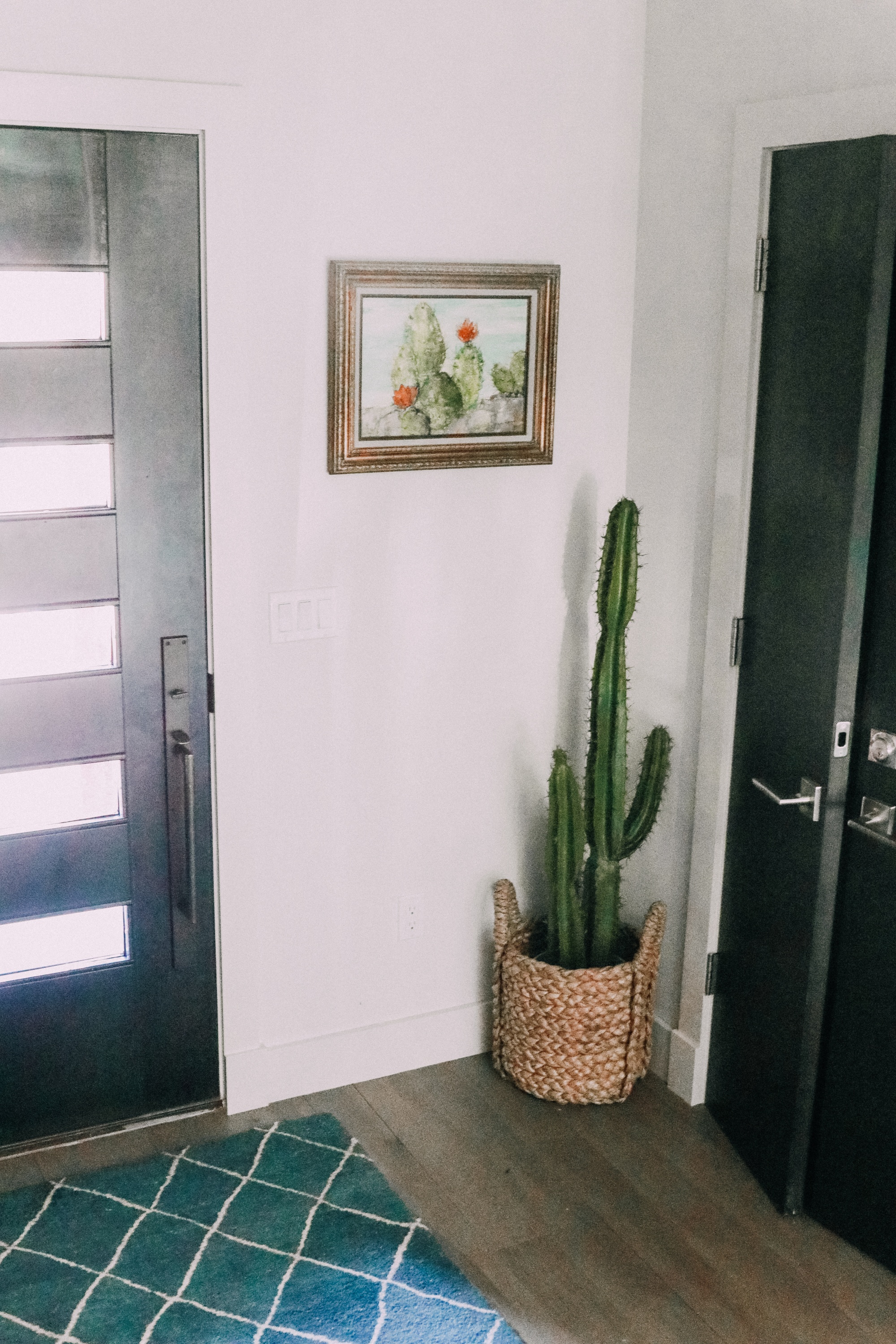 faux cactus in modern home hallway