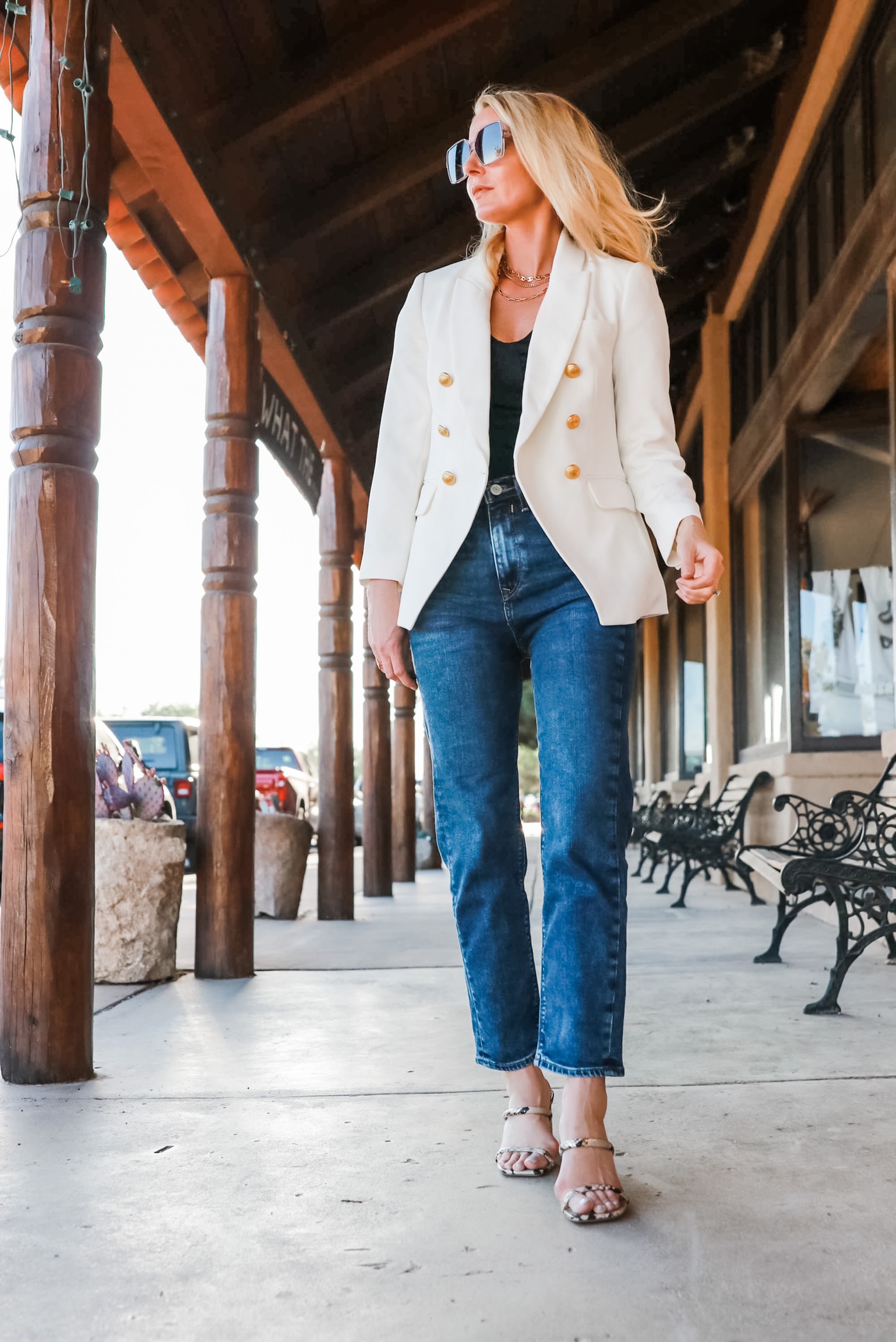 affordable white double breasted blazer gold buttons fashion blogger outfit with blue jeans black bodysuit heeled sandals Gage Hotel Texas