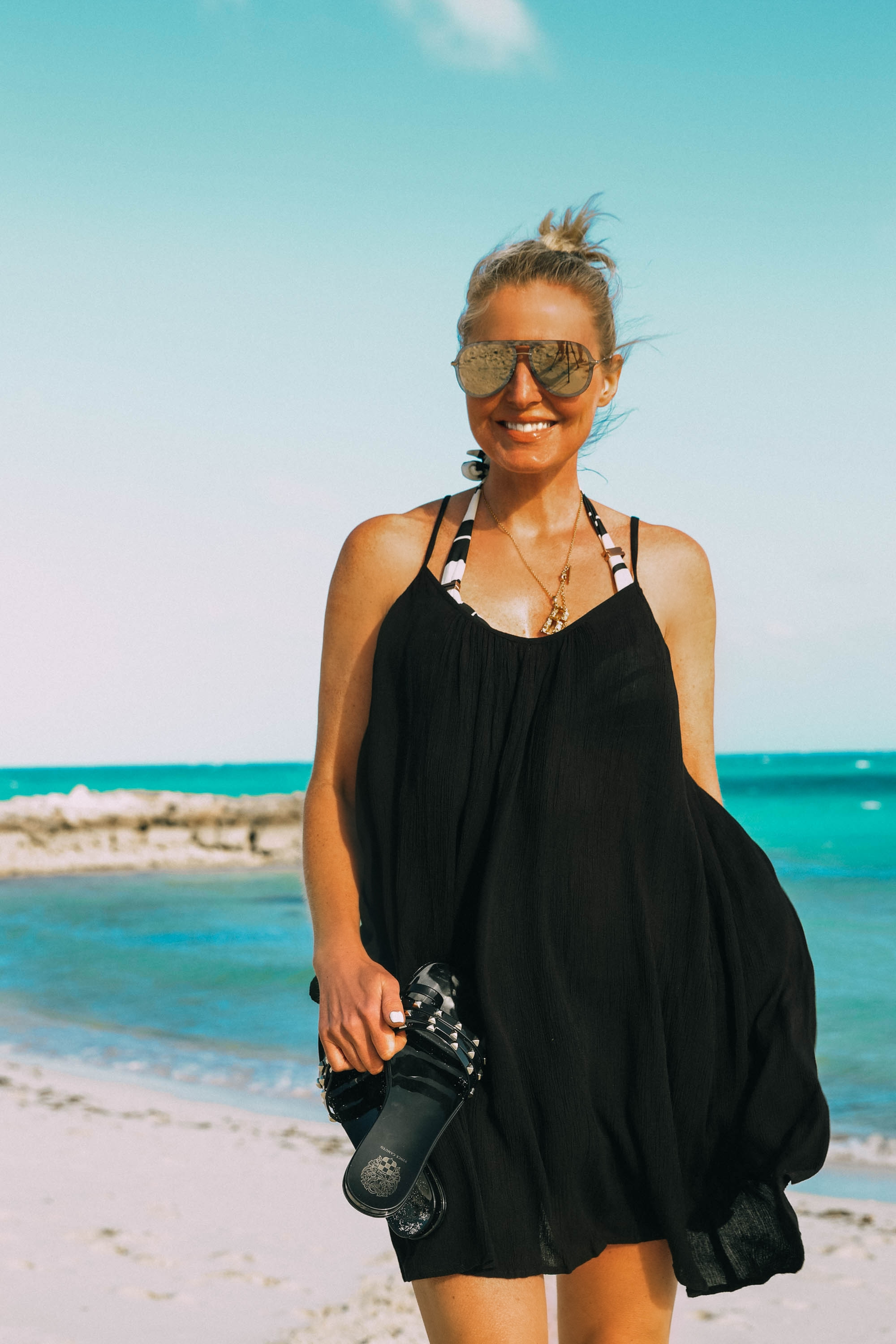 Elan swim cover-up in black on fashion blogger over 40 Erin Busbee of Busbee Style