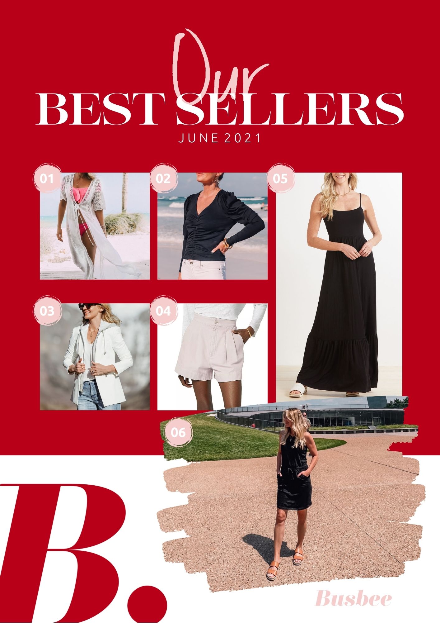 june best sellers, erin busbee, busbee best sellers, reader favorites, elan white crochet coverup, frame ruched sleeve top, roan + ryan ella tiered maxi dress, veronica beard scuba jacket, joie mardi pleated shorts, sundry black racerback dress