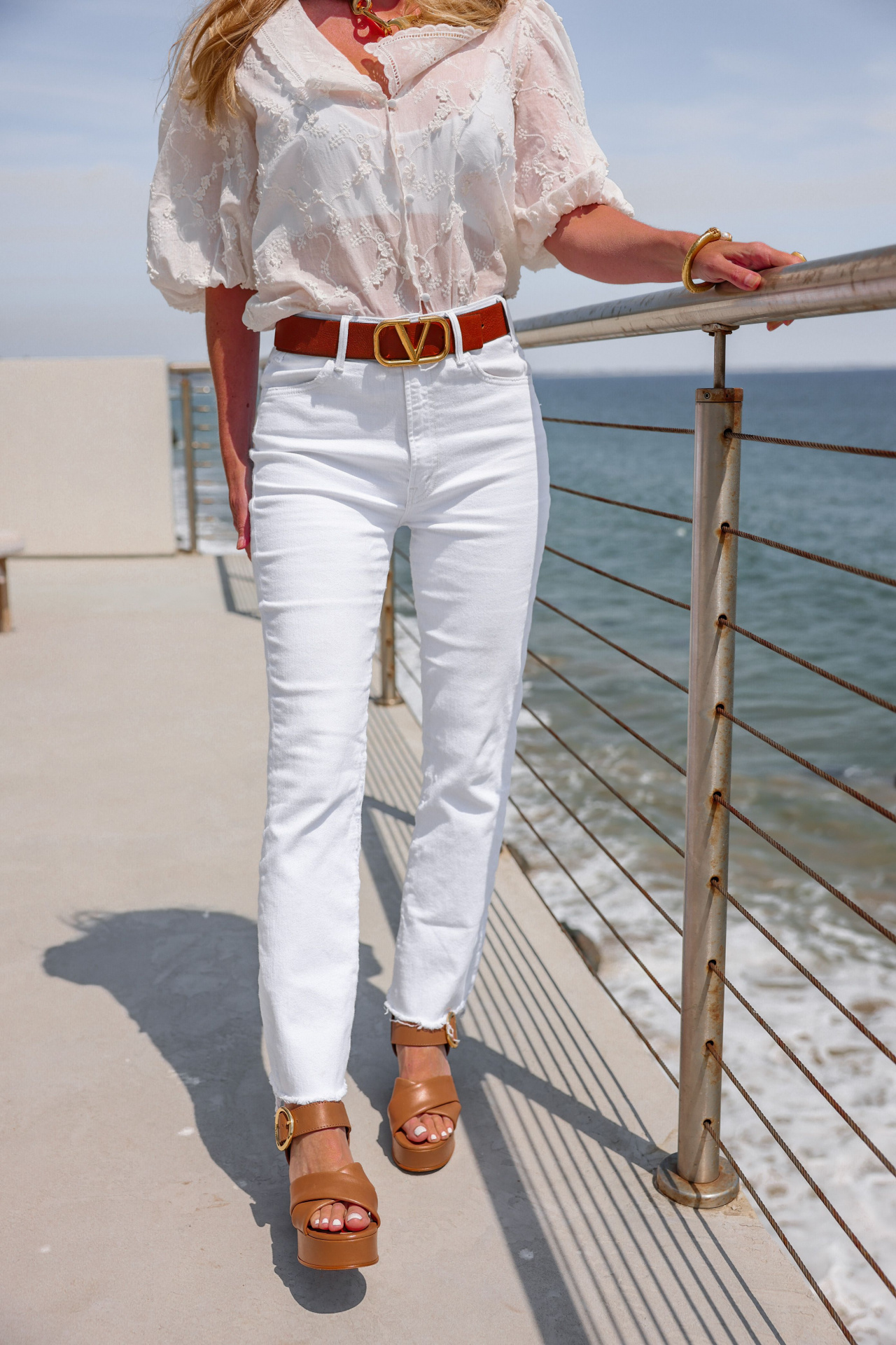 How to wear white jeans, high waisted white jeans, how to wear white jeans in summer, white jeans for women, what to wear with white jeans, erin busbee, busbee style, fashion over 40, malibu, california, white maje coiso embroidered cotton blouse, white mother hustler jeans, see by chloe platform heels, saint laurent square sunglasses, paco rabbane chunky gold necklace, dean davidson hoops