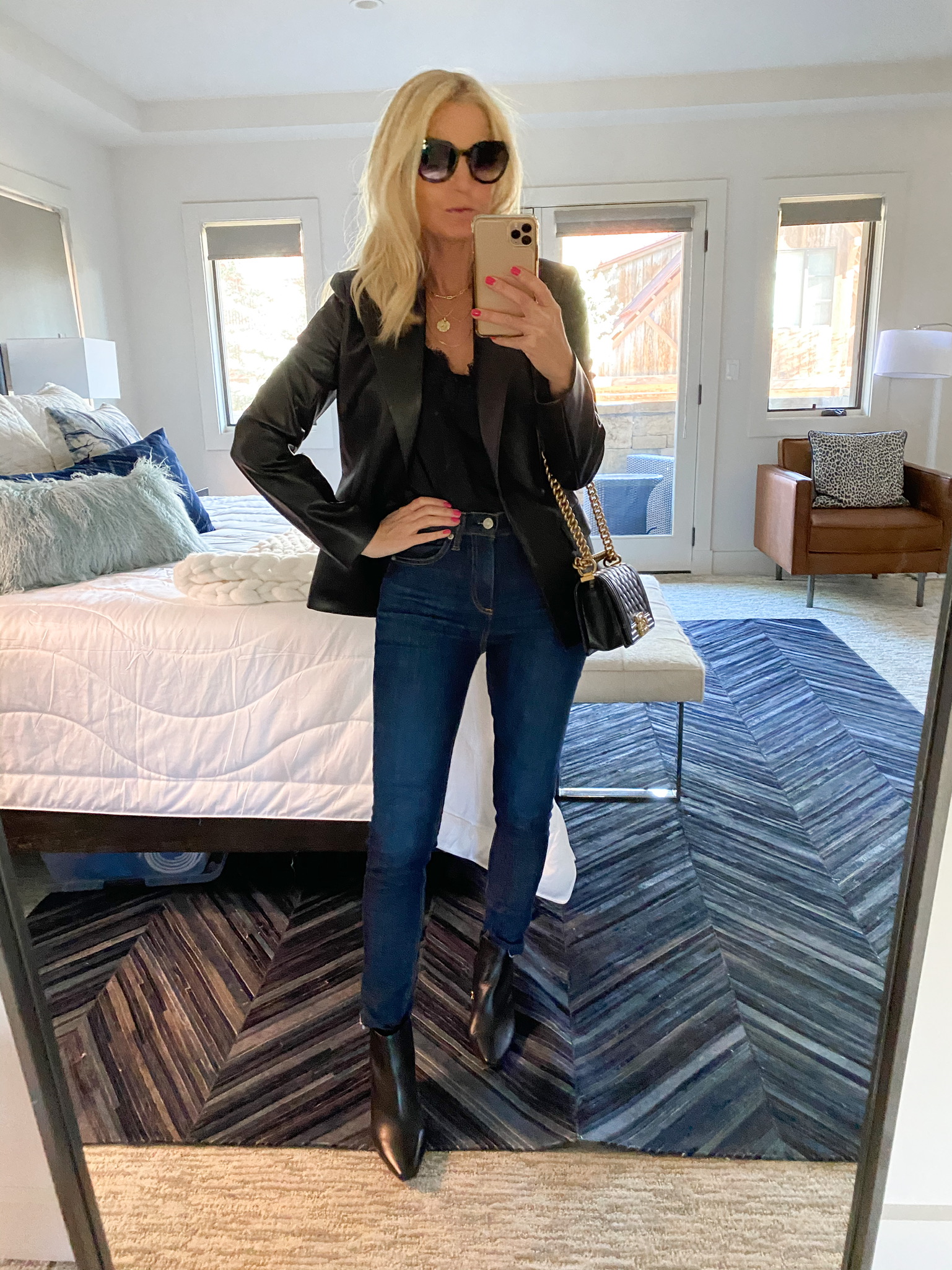 Nordstrom Sale Outfits, Fashion Blogger Erin Busbee Of Busbee Style Wearing A Black Faux Leather Blazer By Theory With Black Lace Cami By Bp, Rag &Amp; Bone Skinny Jeans, And Black Booties By Louise Et Cie In Telluride, Colorado