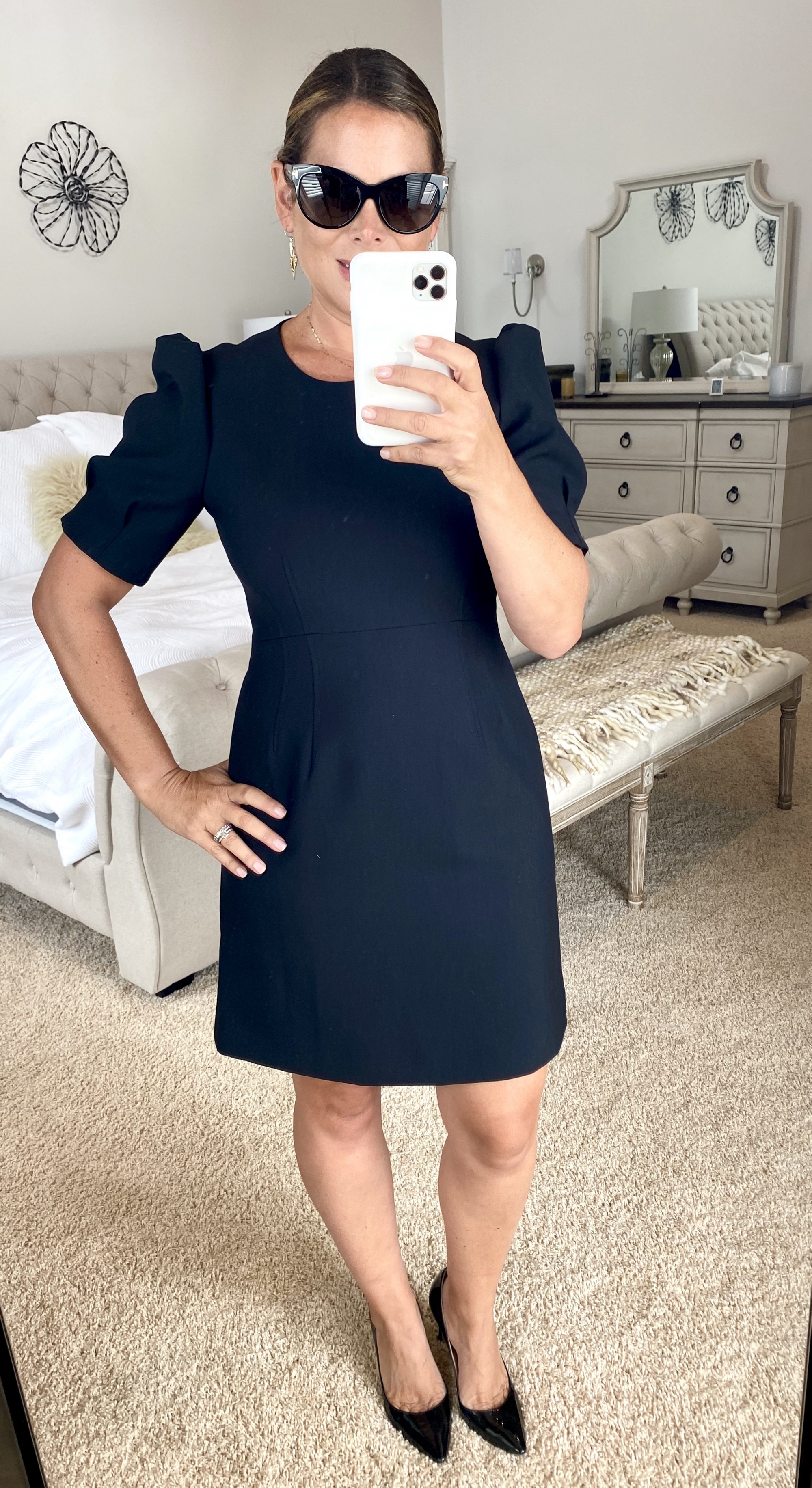 Nordstrom Sale Favorites, Denise The Busbee Style Hive Community Manager Wearing A Black Veronica Beard Puff Sleeve Dress With Black Jimmy Choo Pumps