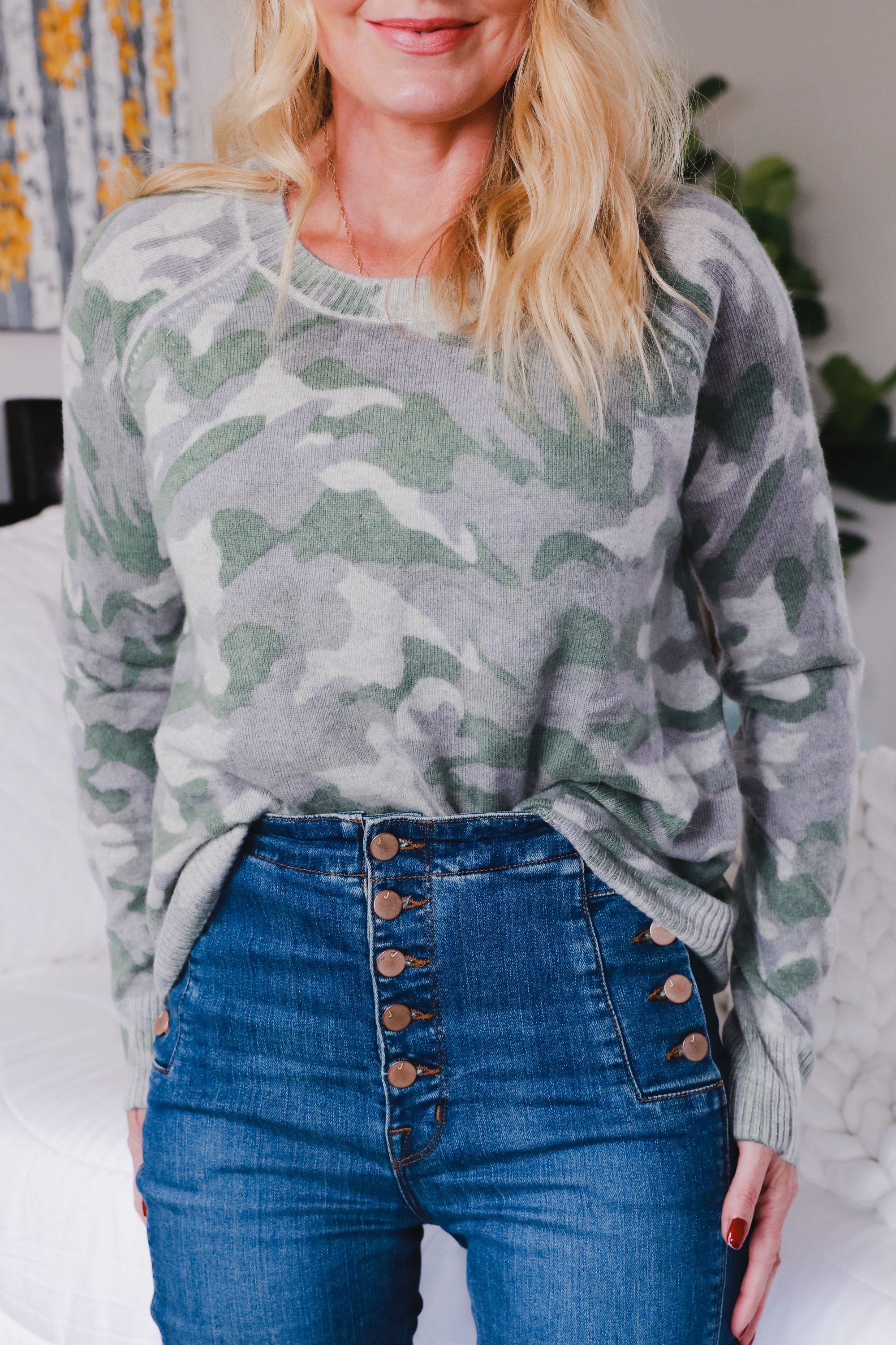 Aqua Cashmere Sweater, Erin Busbee of Busbee Style wearing a green camo cashmere sweater by Aqua from Bloomingdale's with J Brand Natasha jeans in Telluride, Colorado