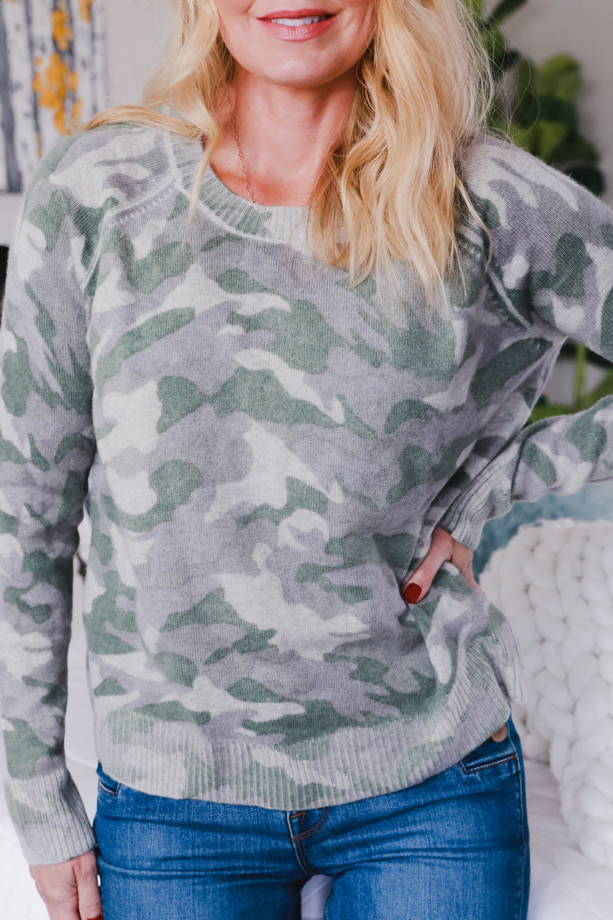 Aqua Cashmere Sweater, Erin Busbee of Busbee Style wearing a green camo cashmere sweater by Aqua from Bloomingdale's untucked from her J Brand Natasha jeans in Telluride, Colorado