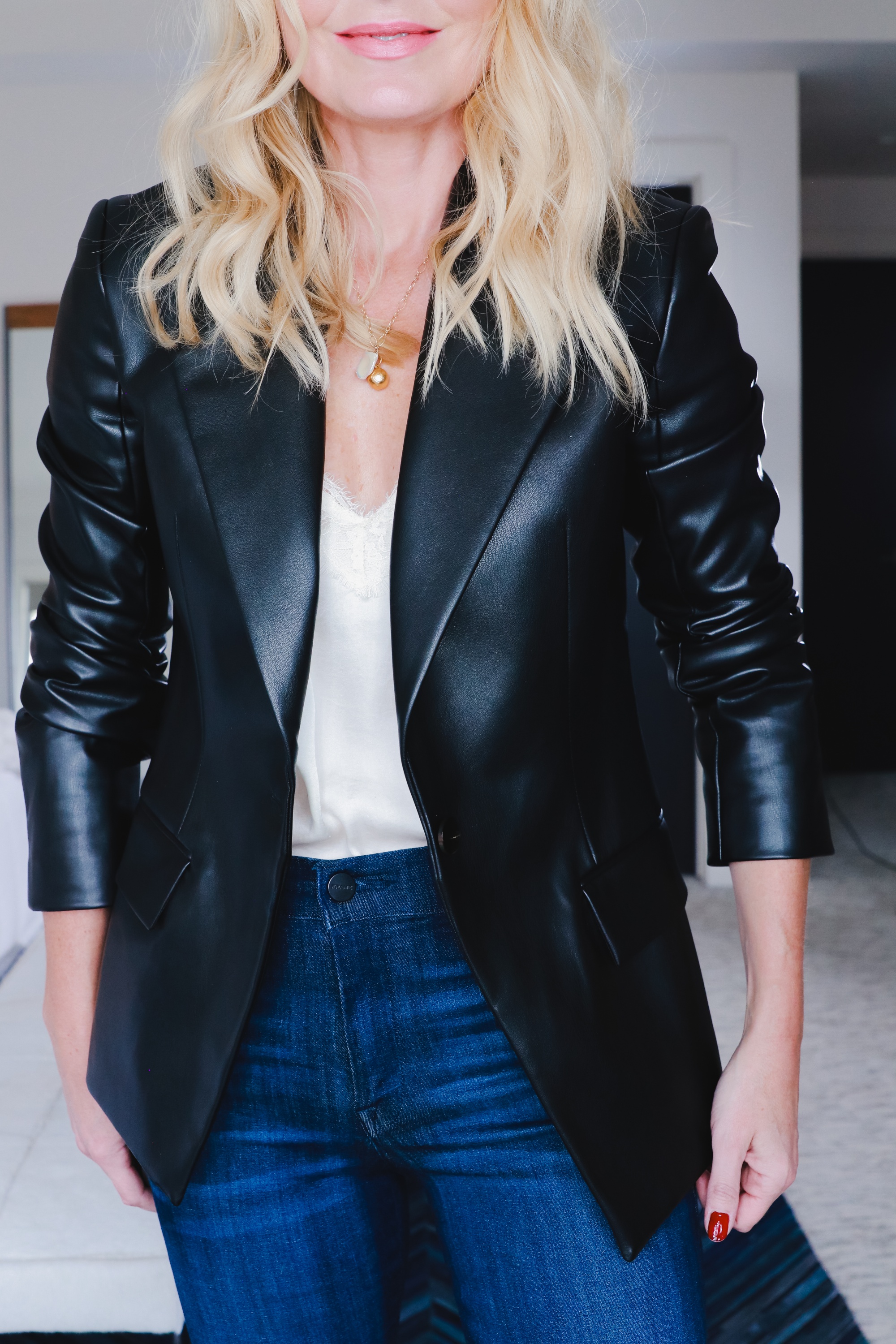faux leather blazer with jeans