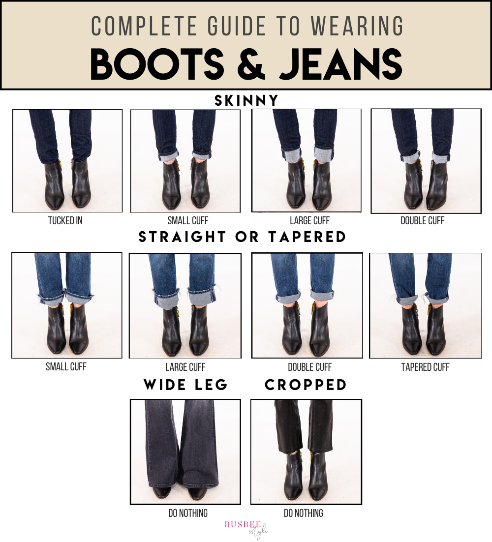 guide to wearing boots and jeans, how to wear ankle booties with skinny jeans, tucked in jeans including how to wear boots with skinny jeans, straight jeans, tapered jeans, cropped jeans, and wide leg jeans