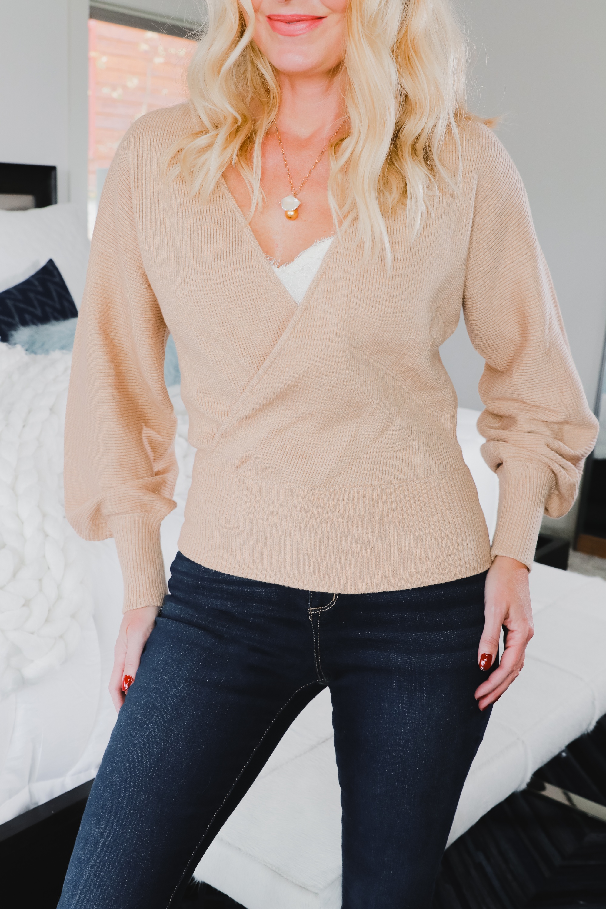 neutral color fashion trend featuring wrap sweater by Sofia Vergara for walmart on fashion over 40 blogger Erin Busbee