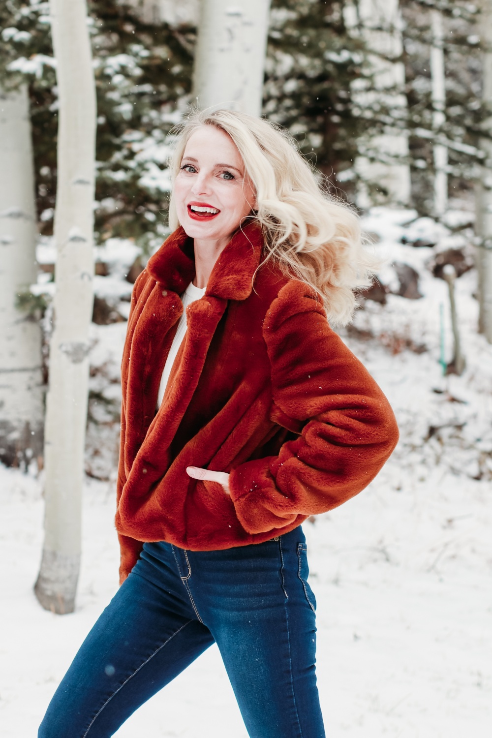 Best winter coats and jackets featuring Blank NYC cropped brown faux fur jacket on fashion over 40 blogger Erin Busbee