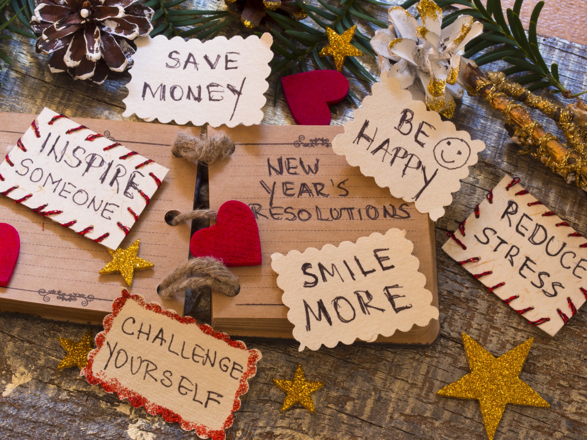 New Year's Resolutions, Rustic journal with New Year's Resolutions on tags surrounded by decroations