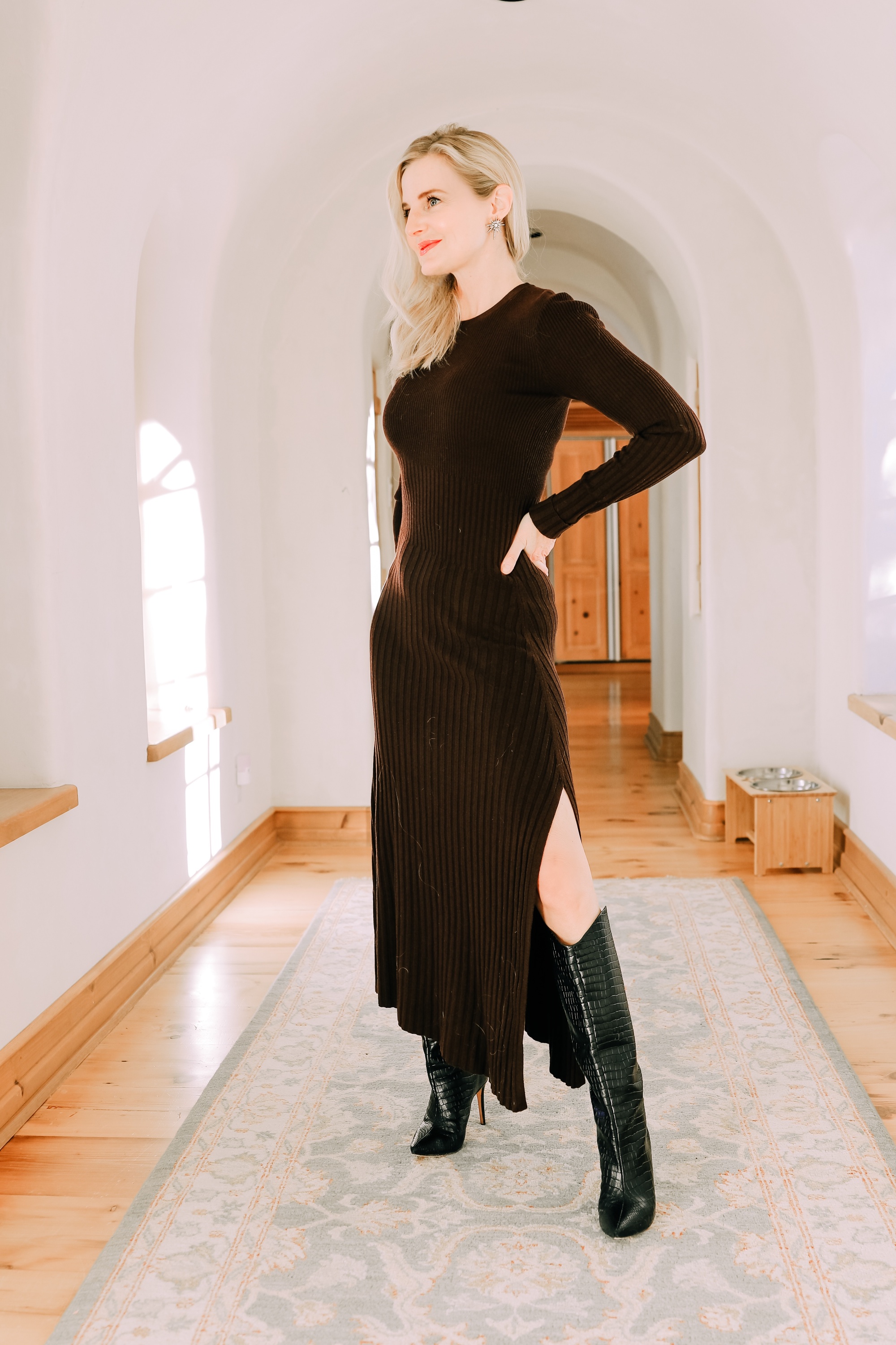 Brown Maxi Dress with Black Knee-High Boots