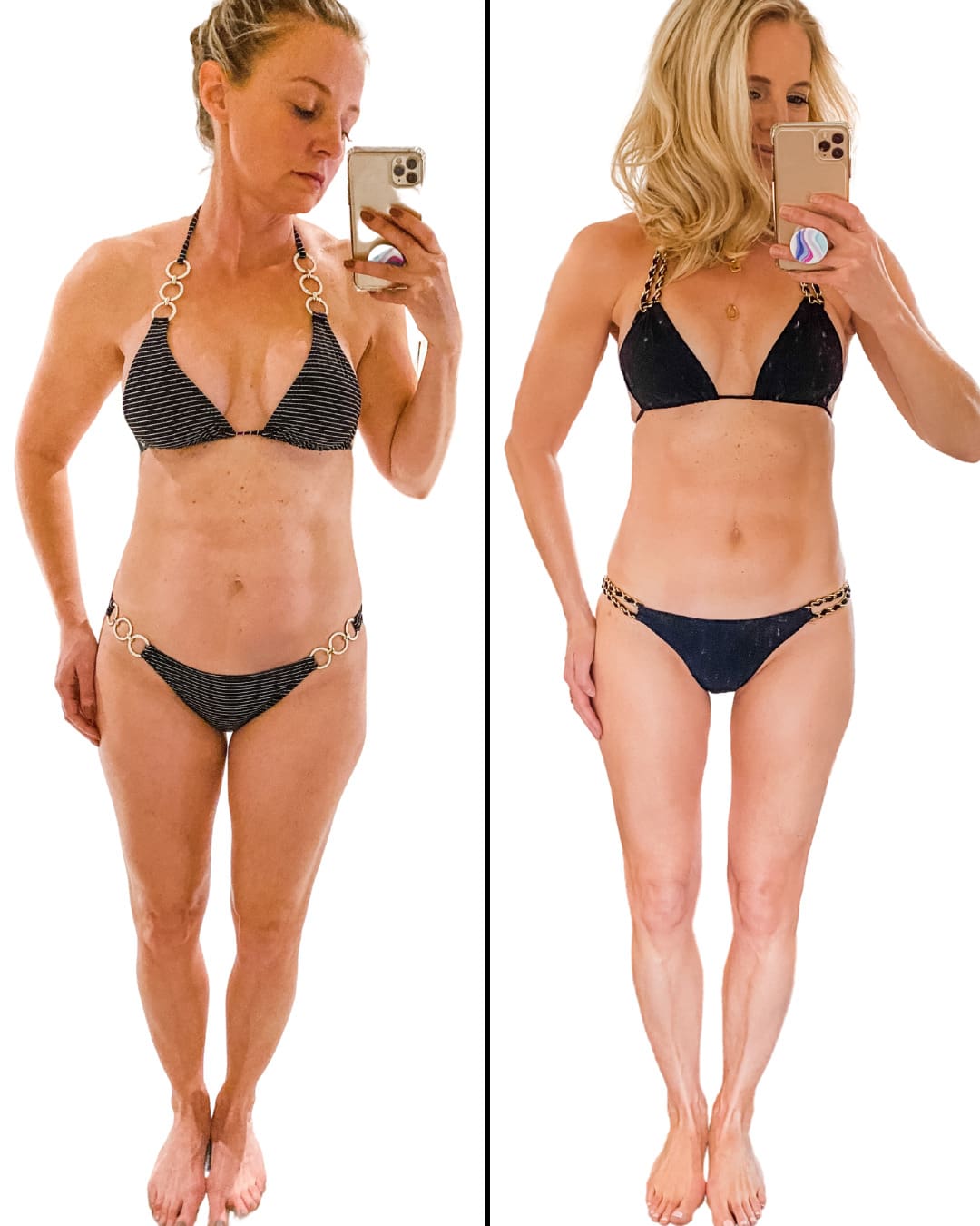 before and after weight loss during menopause featuring woman in black bikini