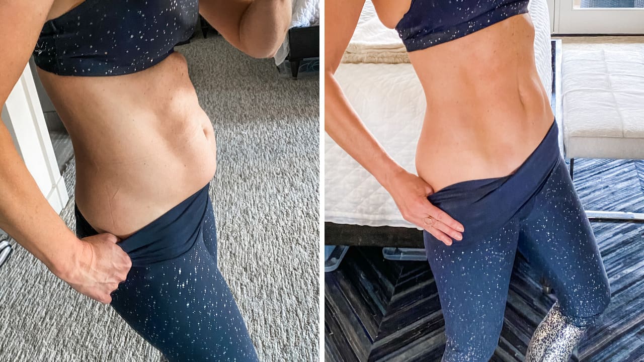 before and after shots of woman's tummy over 40 after losing 15 pounds during menopause