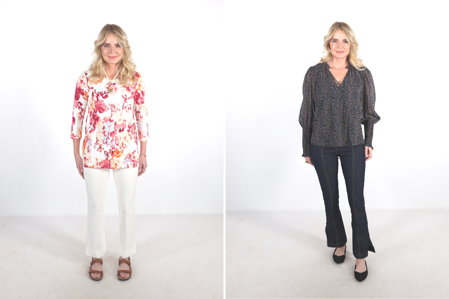 How to look younger, Erin Busbee in a before and after picture wearing a floral tee, white pants, and old lady sandals on the left and a Veronica Beard floral blouse with dark wash flare jeans and Rothy's flats on the right