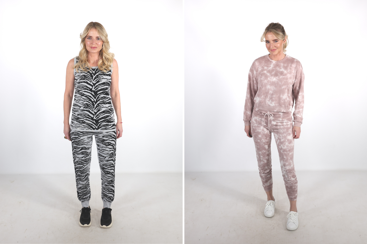How To Look Younger, Erin Busbee of Busbee warning to beware of matching sets that are frumpy including a tiger print matching set on the left and a pink tie dye matching set by Alo Yoga on the right