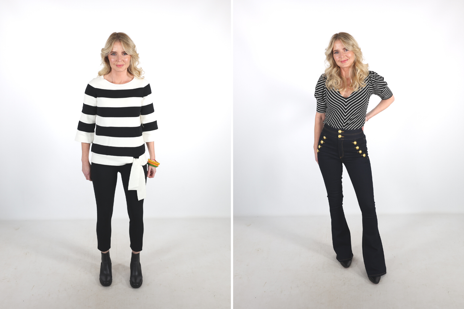 How To Look Younger, Erin Busbee of Busbee in a before and after wearing a big striped top, black jeans and black boots on the left and a Frame striped tee, Veronica beard flared jeans, and black booties on the right