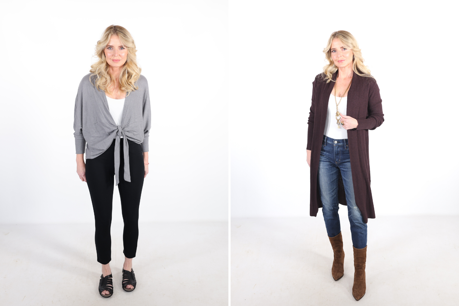How To Look Younger, Erin Busbee of Busbee in a before and after wearing a gray tie front cardigan with black pants and old lady shoes on the left in the before picture. And a long rust colored cardigan, dark wash jeans, and brown boots on the right in the after picture