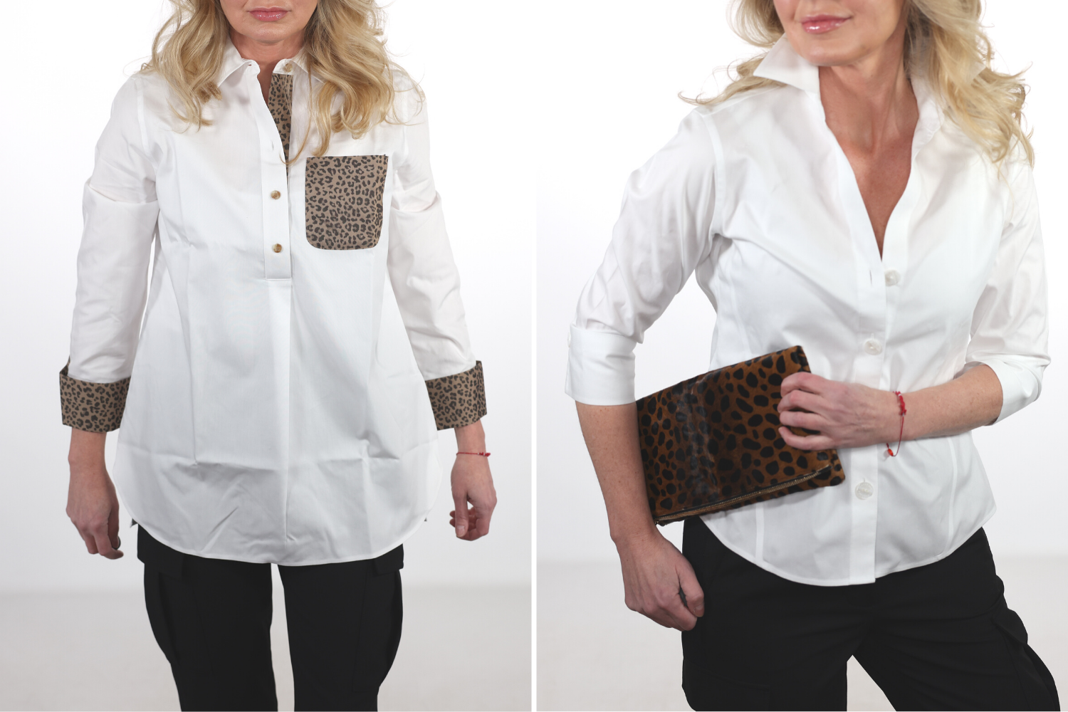 How To Look Younger, Erin Busbee of Busbee in a before and after wearing a white tunic top with leopard print details on the pocket and cuffs on the left and a white button down and leaopard clutch by Clare V on the right
