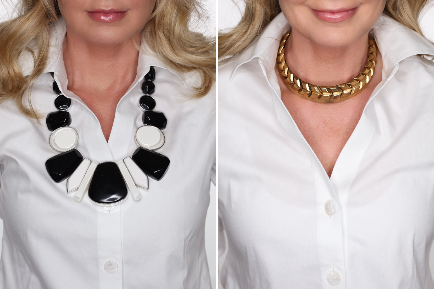 How To Look Younger, Erin Busbee of Busbee in a before and after wearing a black and white bold necklace on the left and a chic gold collar necklace on the right