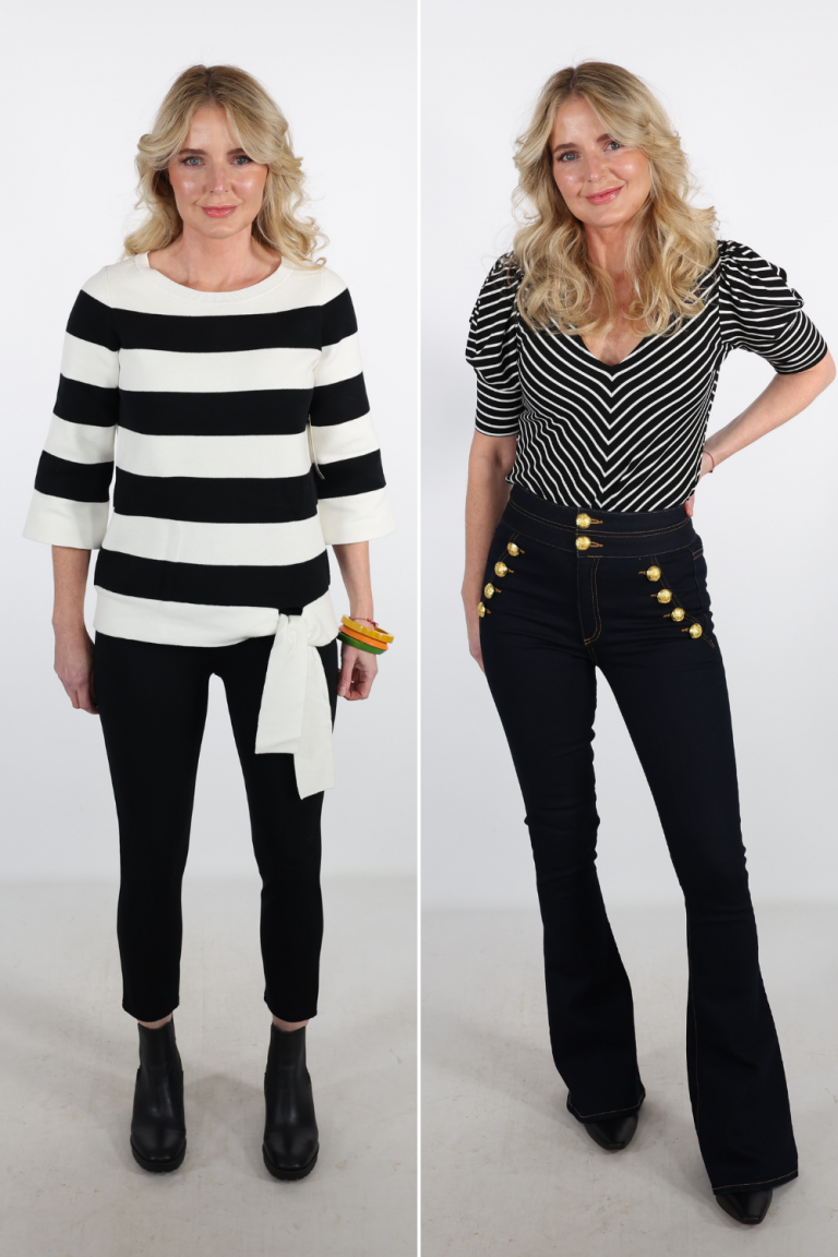 How To Look Younger, Erin Busbee of Busbee in a before and after wearing a big striped top, black jeans and black boots on the left and a Frame striped tee, Veronica beard flared jeans, and black booties on the right