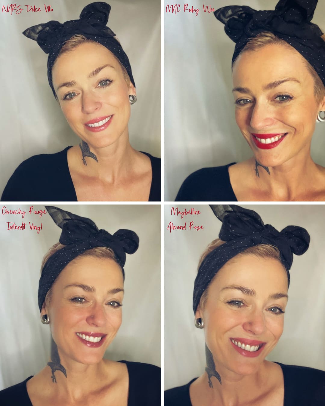 Go-To Lip Colors For Women Over 40 - Anna Wearing 4 Lip Colors including NARS Dolce Vita, MAC Ruby Woo, Givenchy Rouge Interdit Vinyl, and Maybelline Almond Rose