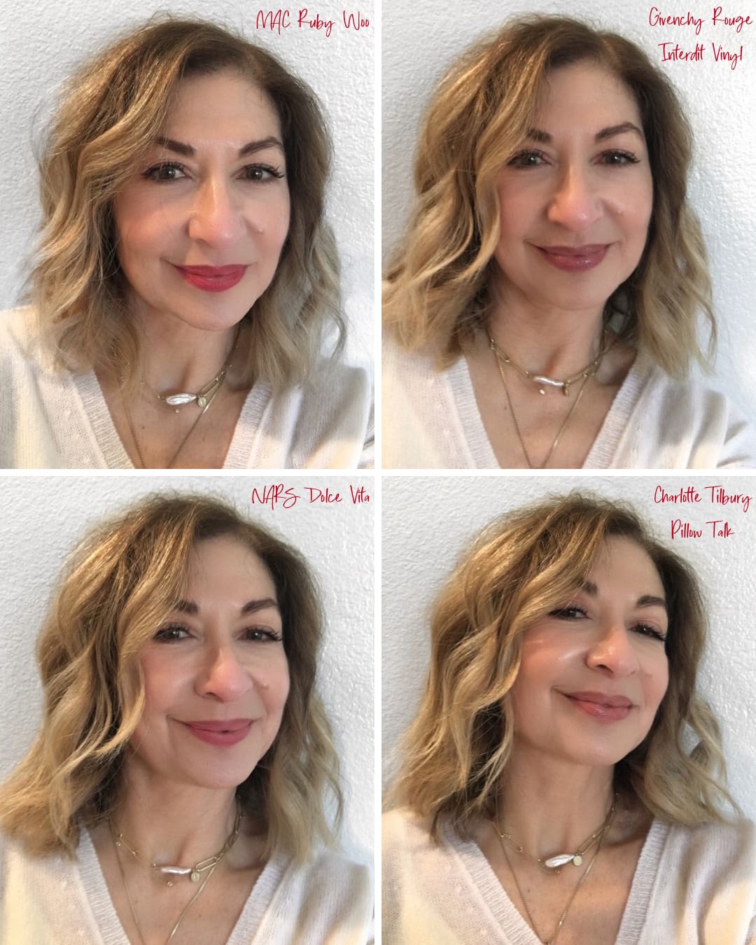 Go-To Lip Colors For Women Over 40 - Francine Wearing 4 Lip Colors including MAC Ruby Woo, Givenchy Rouge Interdit Vinyl, NARS Dolce Vita, and Charlotte Tilbury Pillow Talk