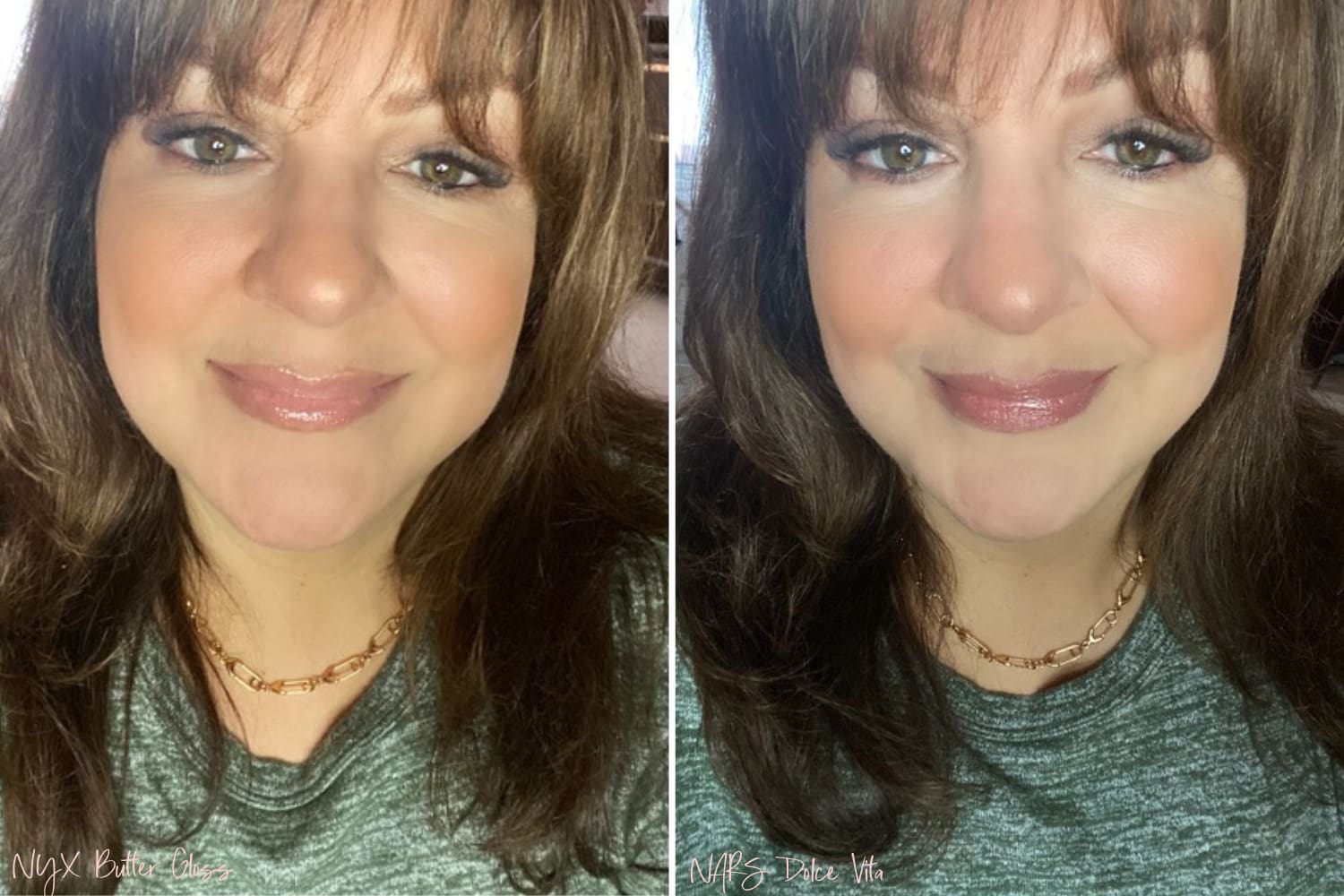 Go-To Lip Colors For Women Over 40 - Lori Wearing 4 Lip Colors including NYX Butter Gloss and NARS Dolce Vita