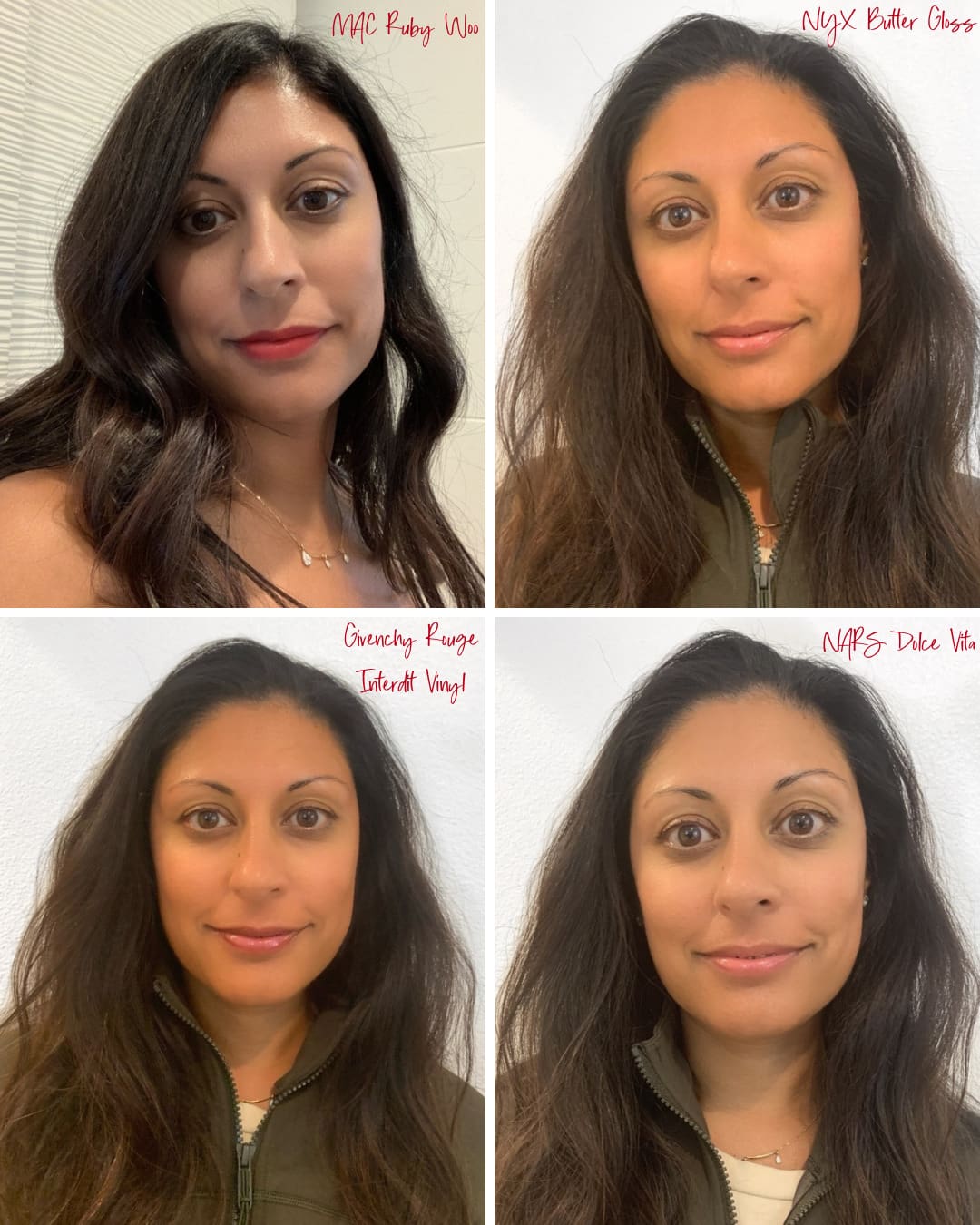 Go-To Lip Colors For Women Over 40 - Shilpa Wearing 4 Lip Colors including MAC Ruby Woo, NYX Butter Gloss, Givenchy Rouge Interdit Vinyl, and NARS Dolce Vita