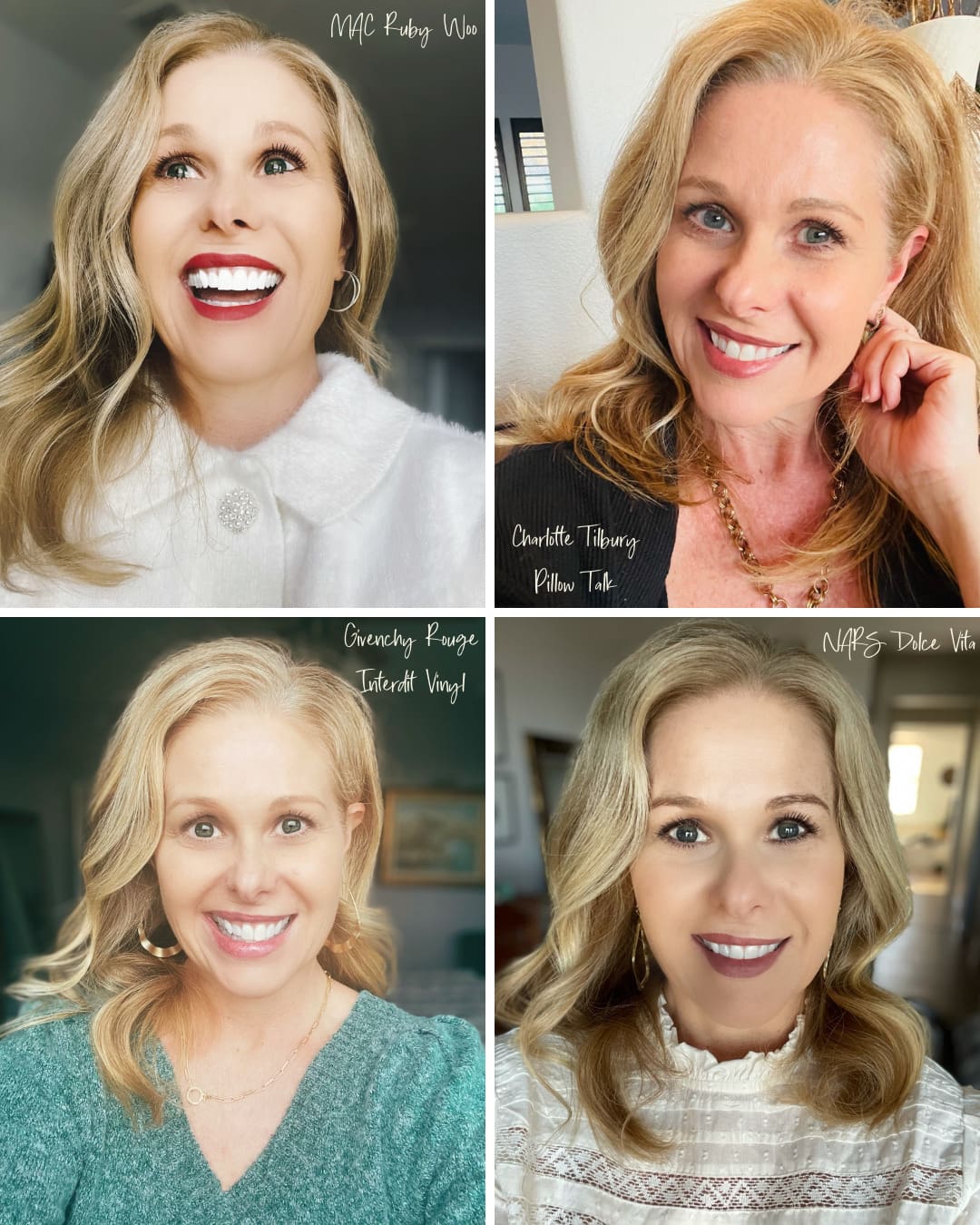 Go-To Lip Colors For Women Over 40 - Susan Wearing 4 Lip Colors including MAC Ruby Woo, Charlotte Tilbury Pillow Talk, Givenchy Rouge Interdit Vinyl, and NARS Dolce Vita