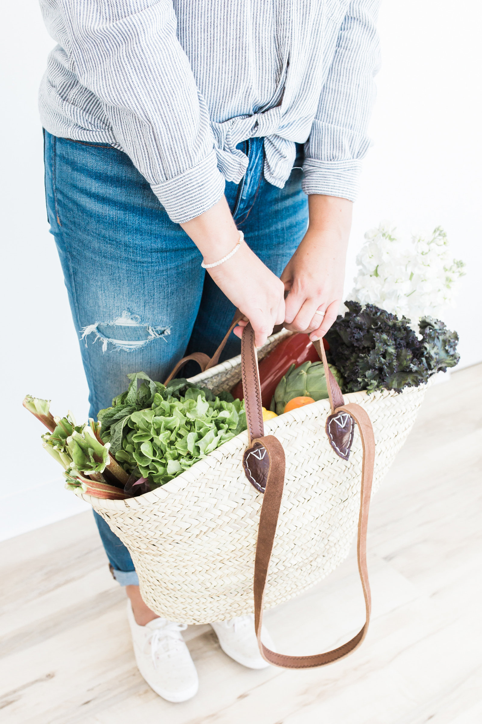 get rid of mummy tummy for good Woman with large wicker tote of vegetables