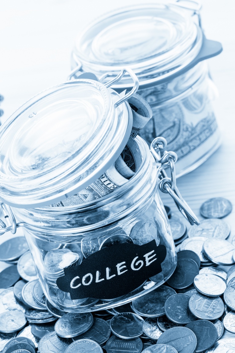 budget for when you have teens, dollars and coins saved in jars marked college