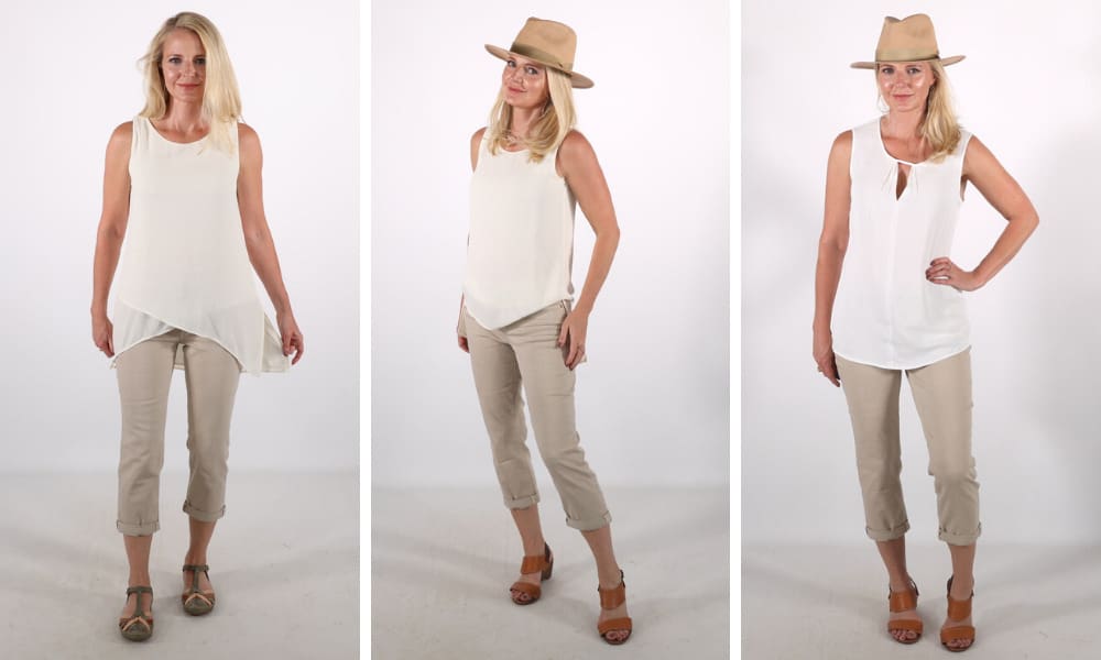 How to look younger, don't look frumpy, erin busbee, crotch framing tops, white tunic top