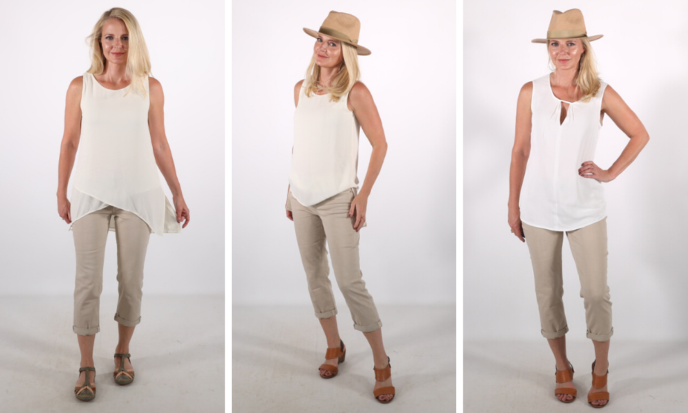 How to look younger, don't look frumpy, erin busbee, crotch framing tops, white tunic top
