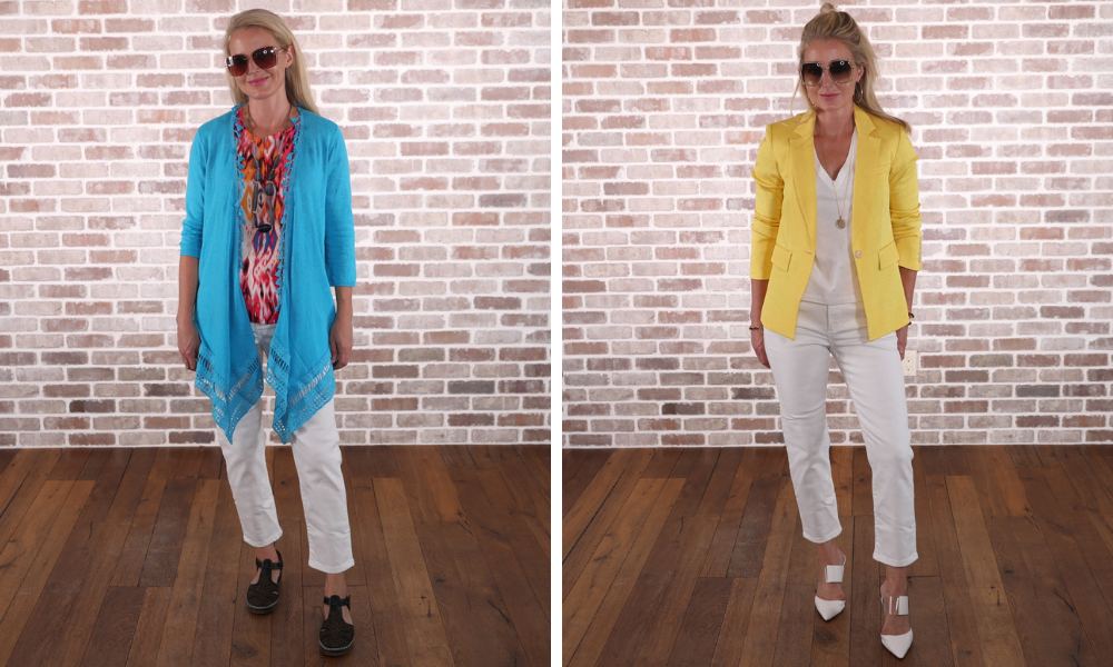 How to look younger, don't look frumpy, erin busbee, oversized cardigan, yellow blazer