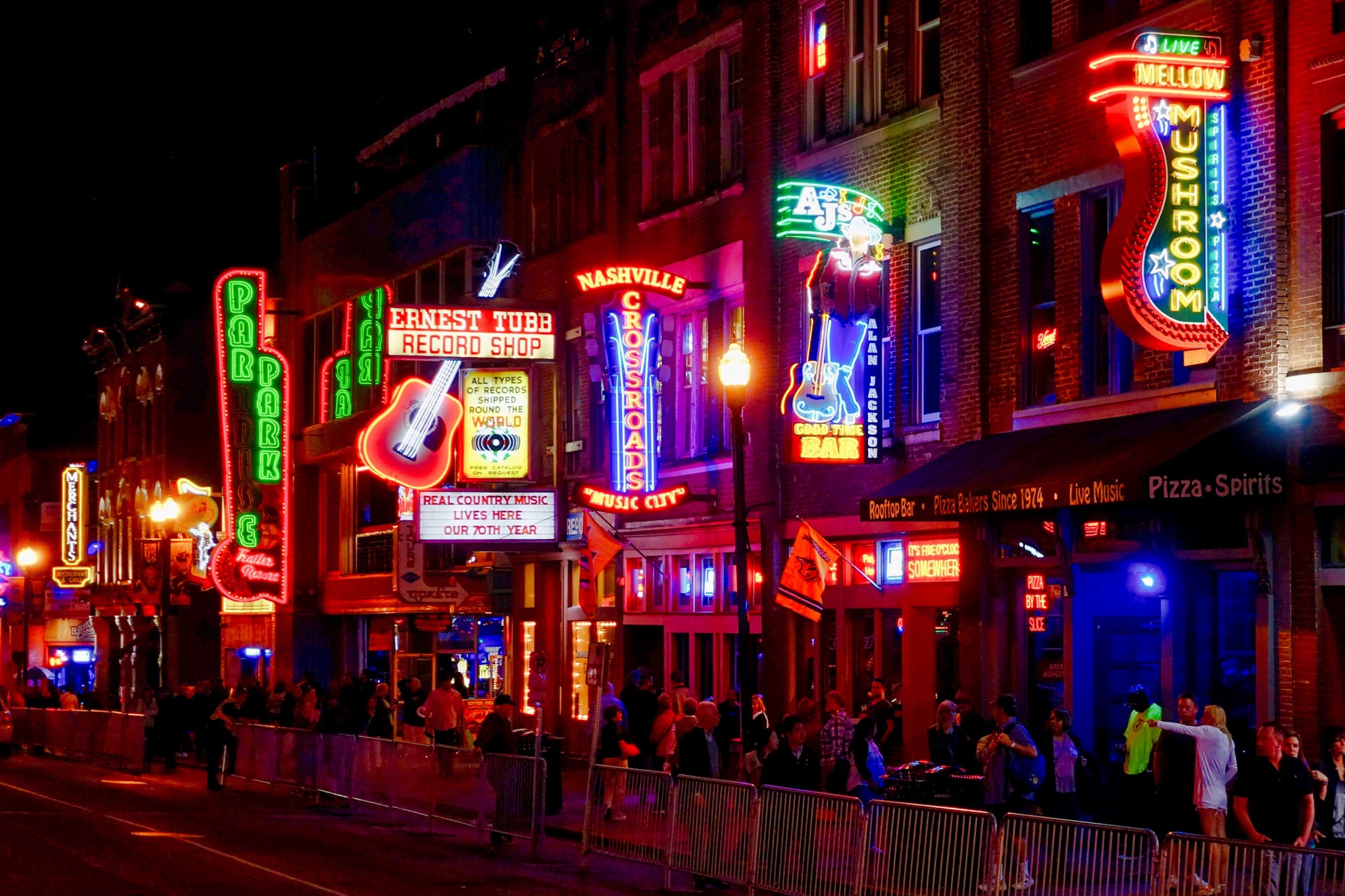 travel destinations for foodies, illuminated Broadway at Night, Nashville, Tennessee