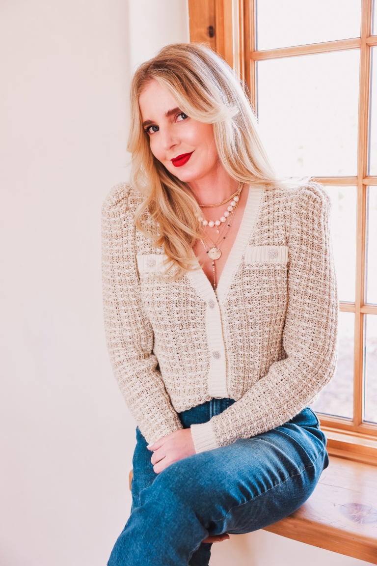 Chanel look on a budget, express woven sweater, express layered gold and pearl necklaces, layered jewelry, layered necklaces, express jeans, white sandals, white braided sandals, erin busbee