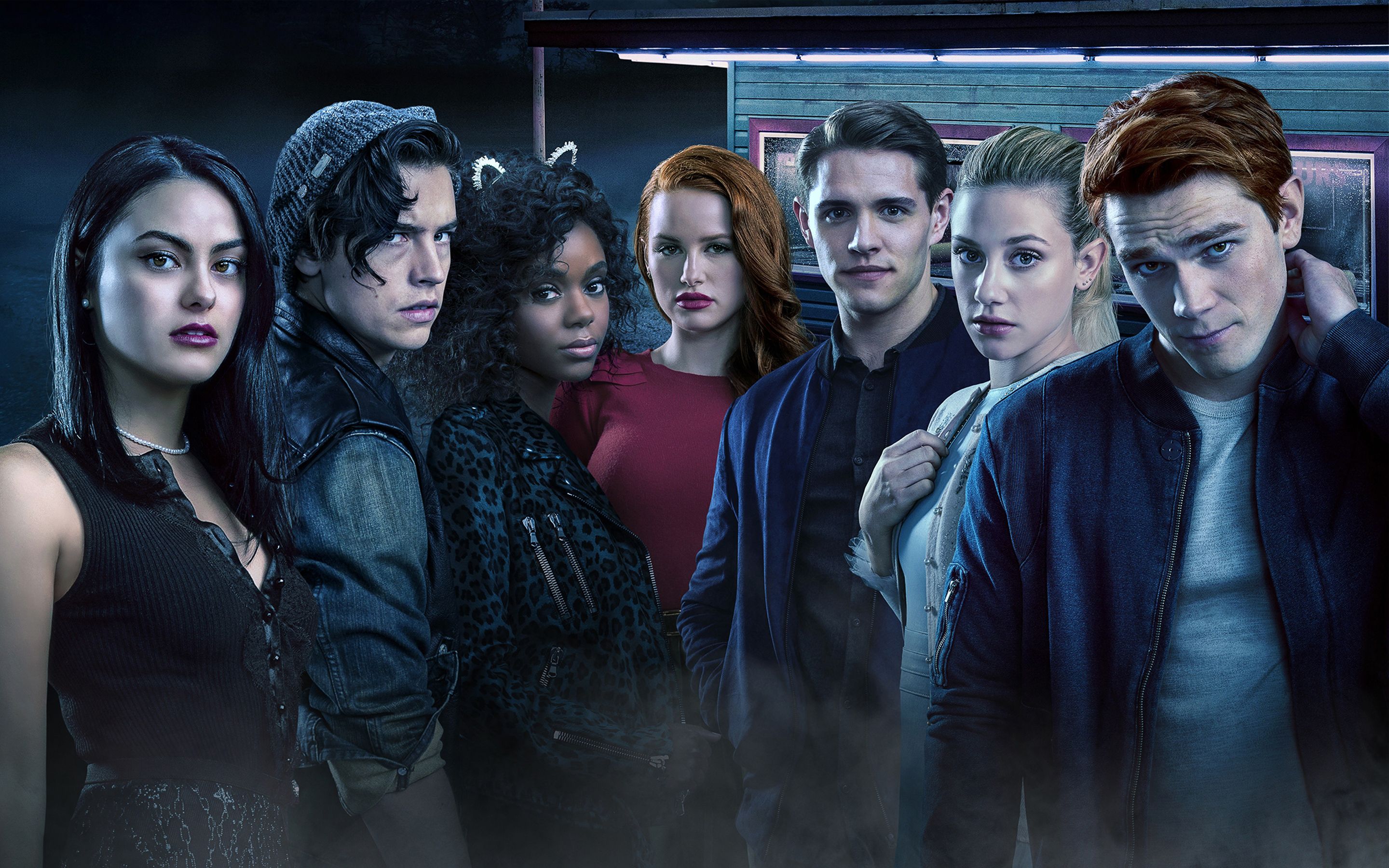 binge watch with your teens, Riverdale, Netflix, seven teenagers outside a diner at night