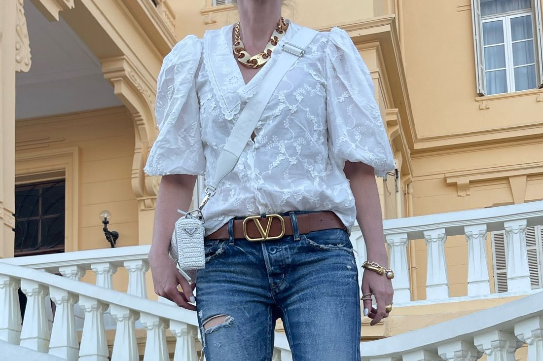 paco rabanne gold statement necklace, reversible valentino belt, maje white lace blouse, moussy vintage jeans, erin busbee, busbee style fashion over 40, egypt
