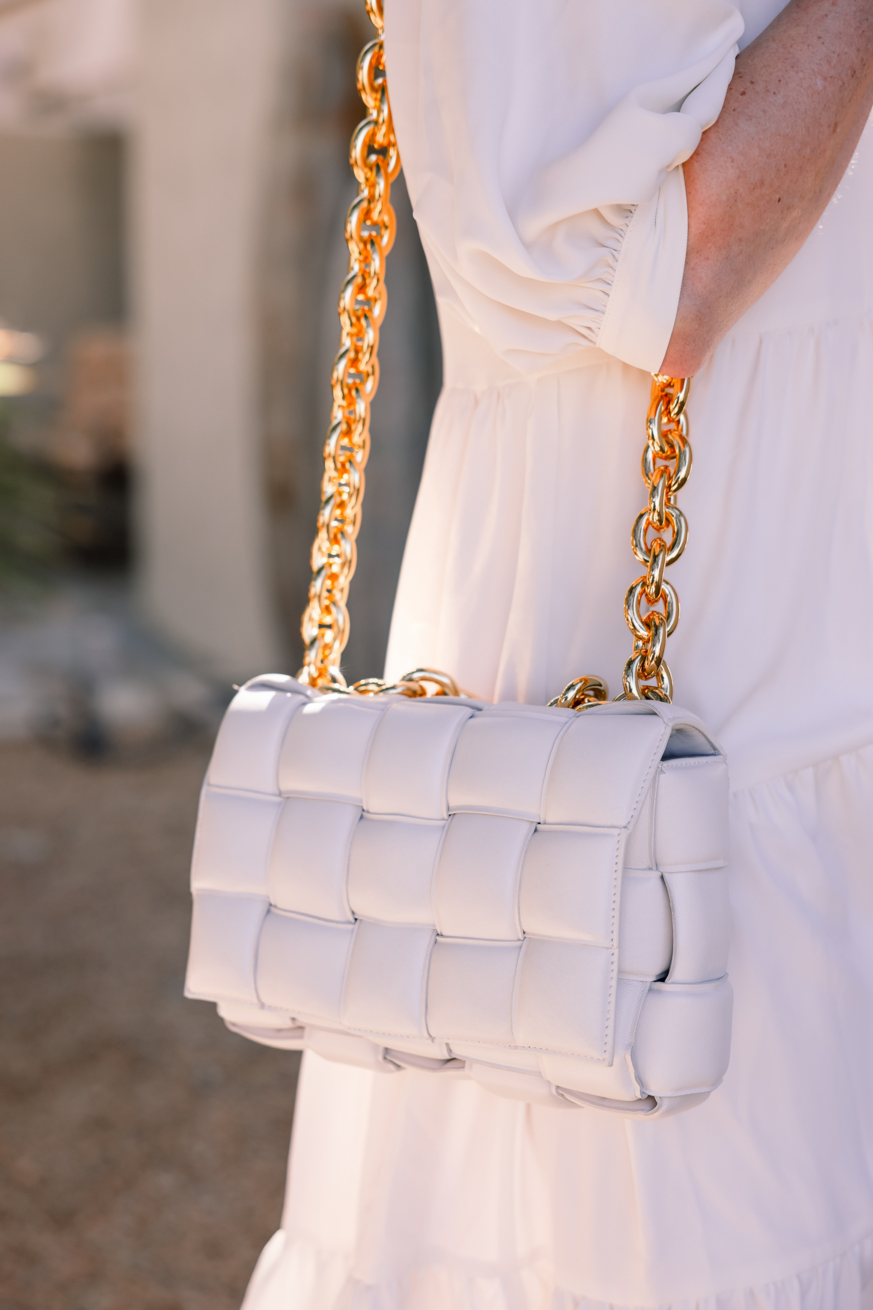 Honest review of Bottega Veneta Cassette Bag in White on fashion blogger over 40 Erin Busbee, perfect outfit formula, perfect summer outfit
