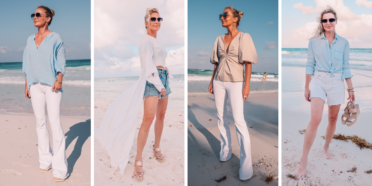 beach vacation outfits, what to wear mexico, what to pack mexico, what i wore mexico, erin busbee, 9seed blue gauzy top, lorena top by just bee queen, ecru amanda uprichard puff shoulder top, blue chambray rails button down